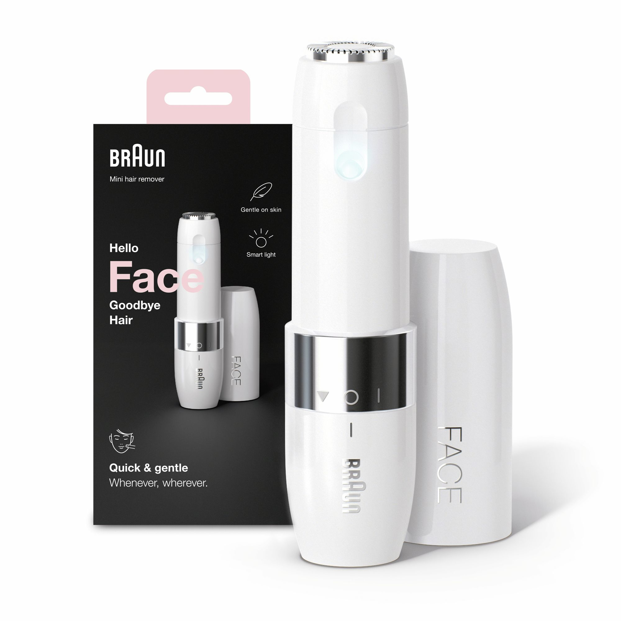 Paquete depiladora mini Braun Face con dispositivo y rostro de mujer. Fondo blanco.