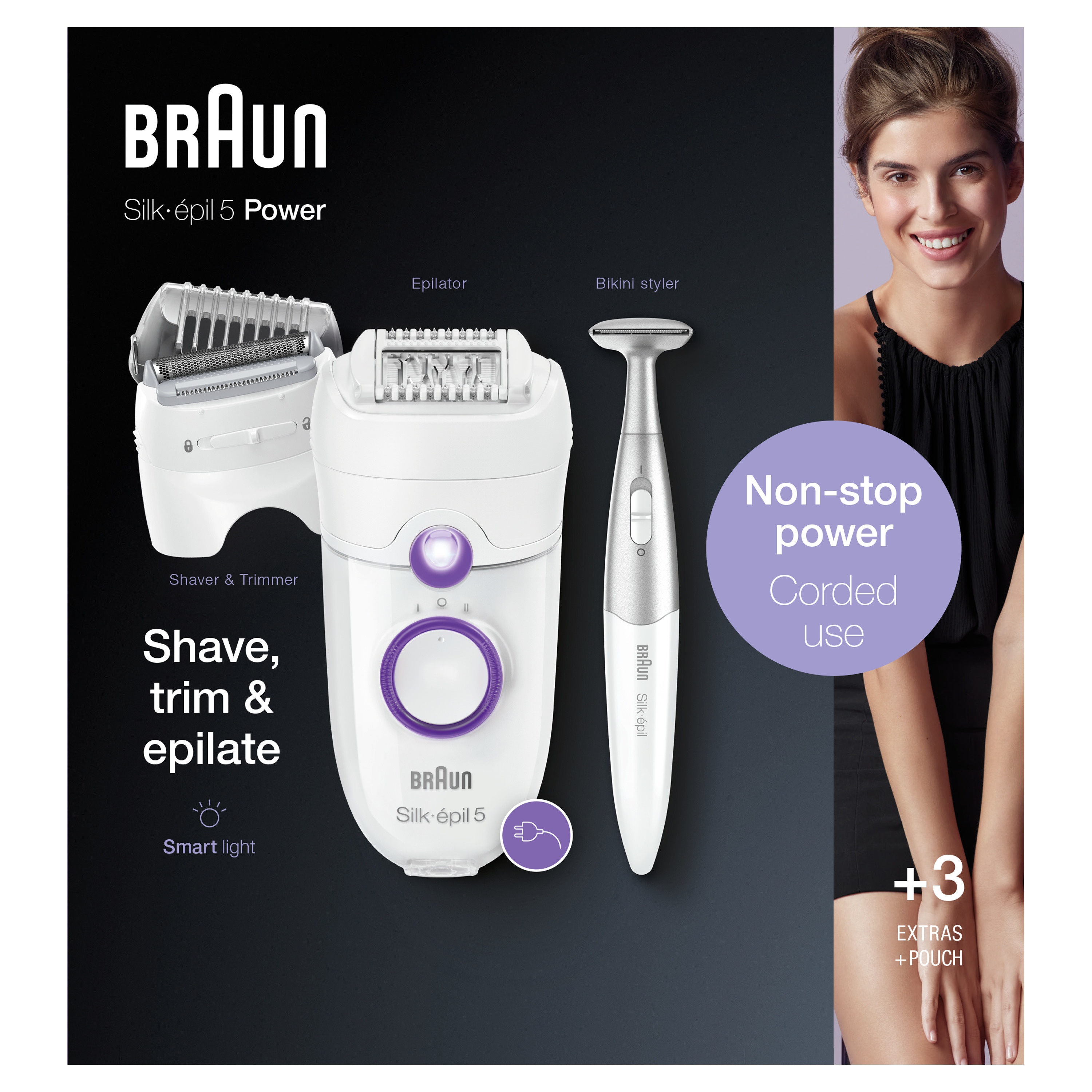 Epilatore Braun Silk-épil 5 Power con accessori e donna. Design bianco e viola.