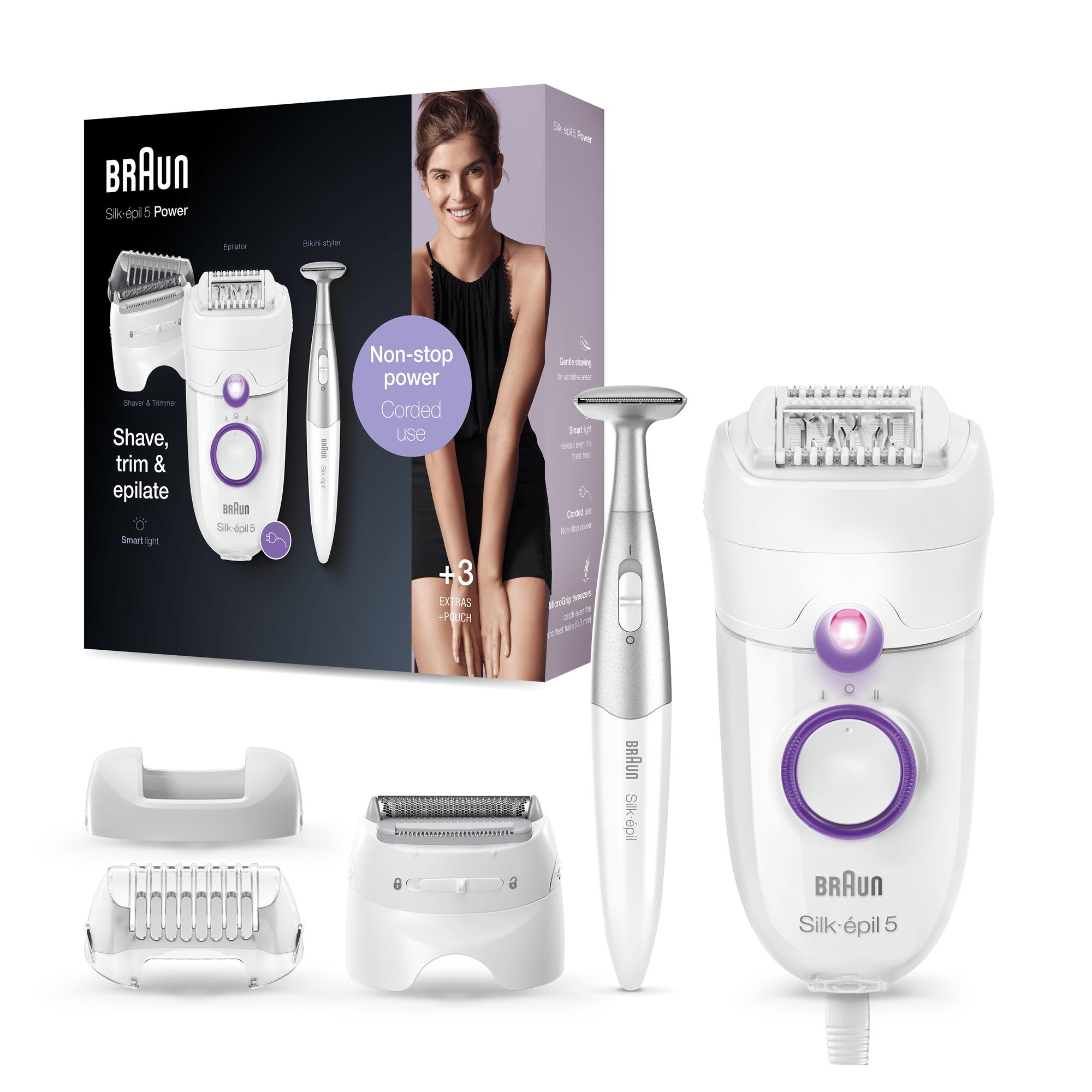 Epilatore Braun Silk-épil 5 e accessori. Donna sullo sfondo. Design bianco e viola.