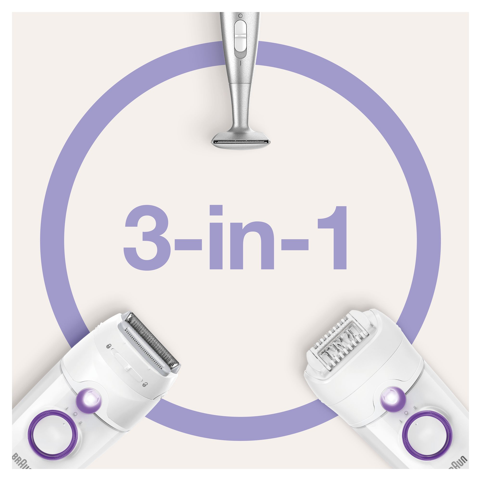 Tre epilatori Braun e un bikini styler in un cerchio viola. Sfondo bianco.