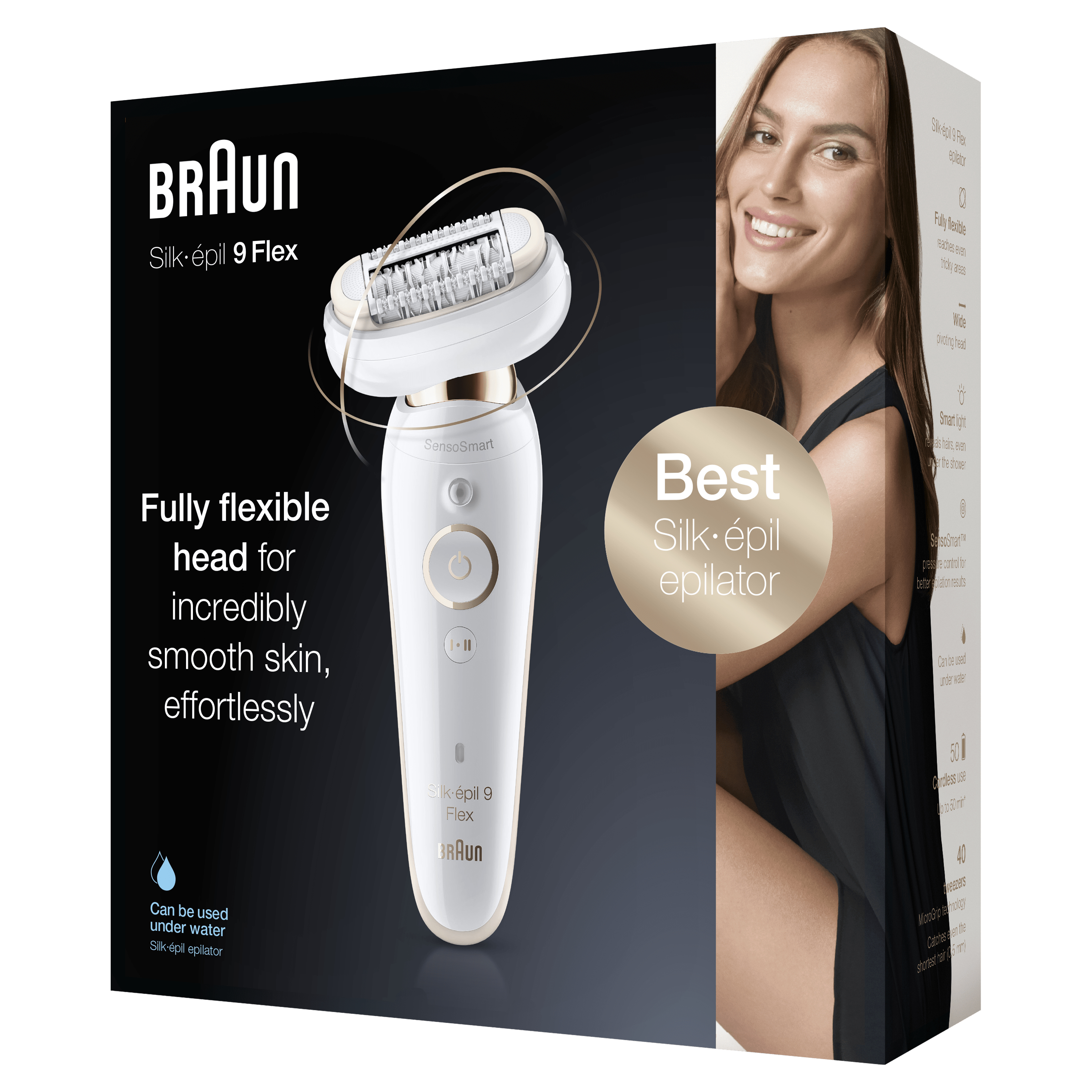 Pudełko Braun Silk-épil 9 Flex. Uśmiechnięta kobieta, biało-złoty depilator. Białe tło.