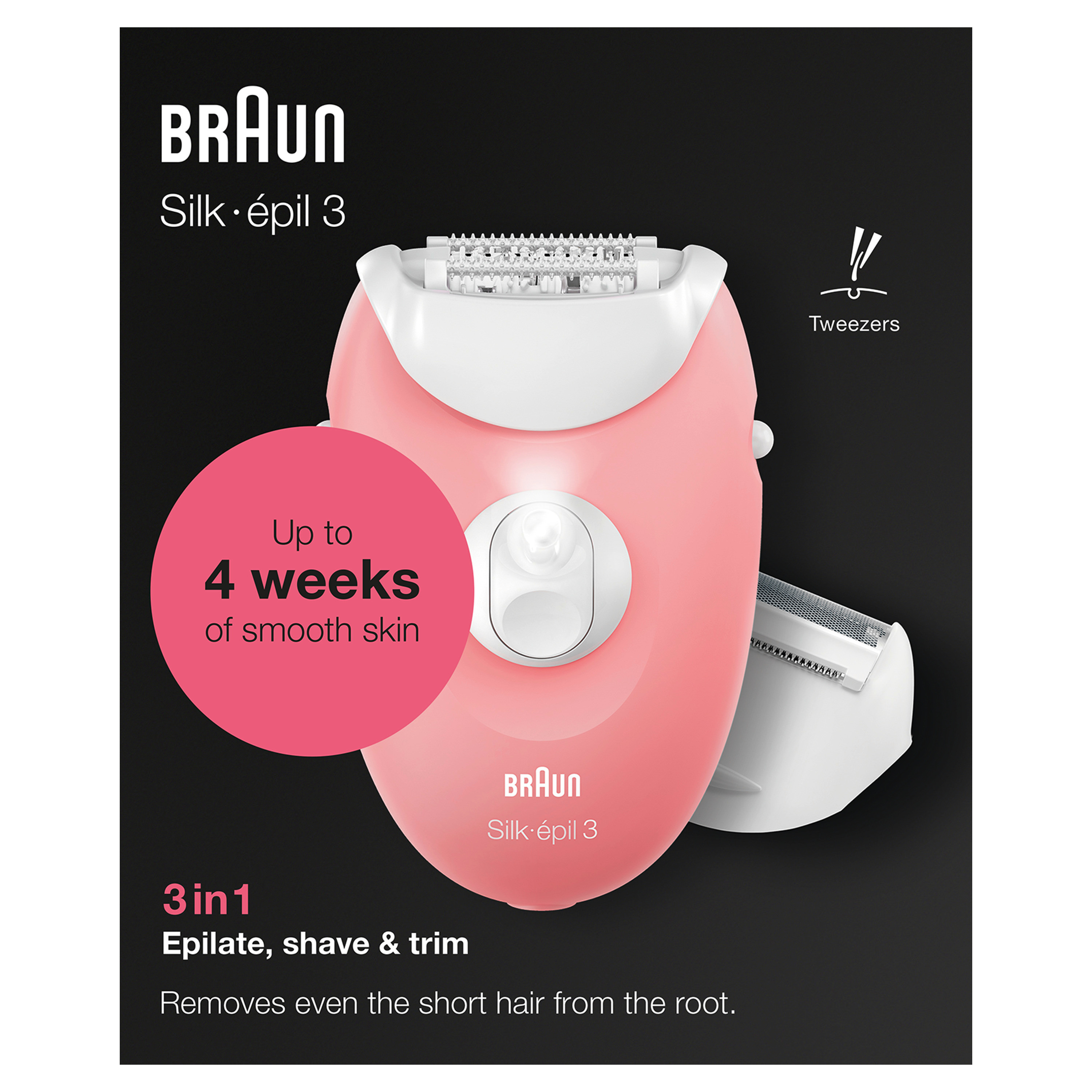 Różowy depilator Braun Silk épil 3 z akcesoriami. Tekst mówi: 3w1, depiluj, gól i przycinaj.