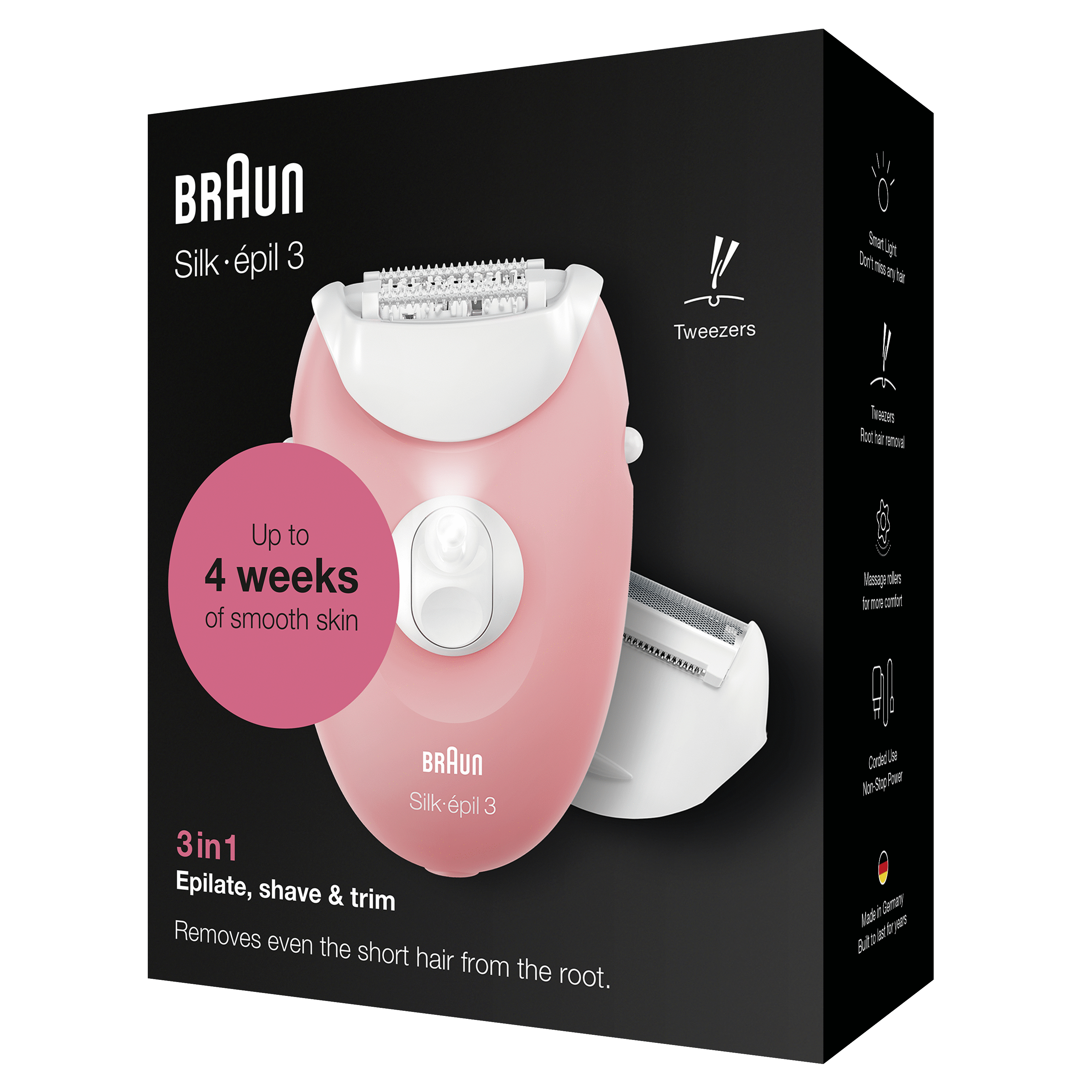 Pudełko depilatora Braun Silk-épil 3 z depilatorem, akcesoriami i informacjami o produkcie.