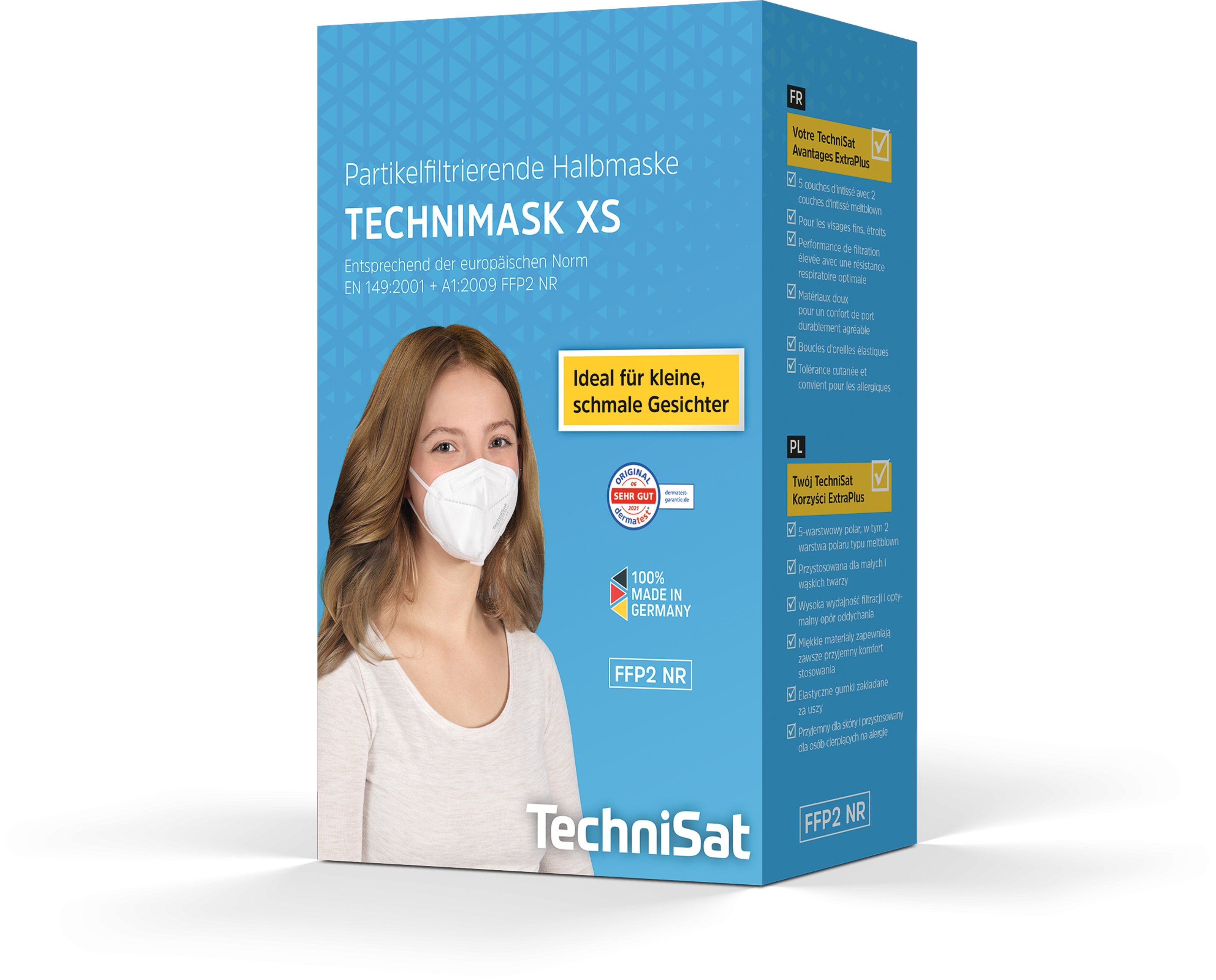 Eine Schachtel mit TechniSat-Gesichtsmasken mit einer Frau und Text darauf.