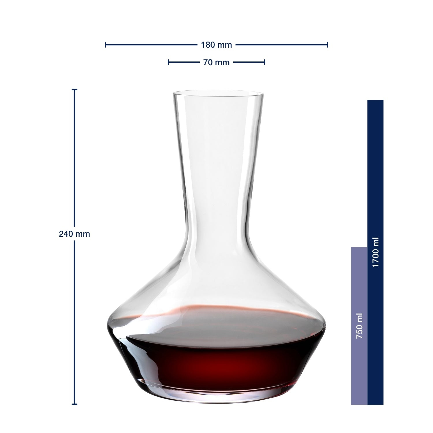 Une carafe à vin en verre transparent avec du vin rouge et des lignes de dimensions.