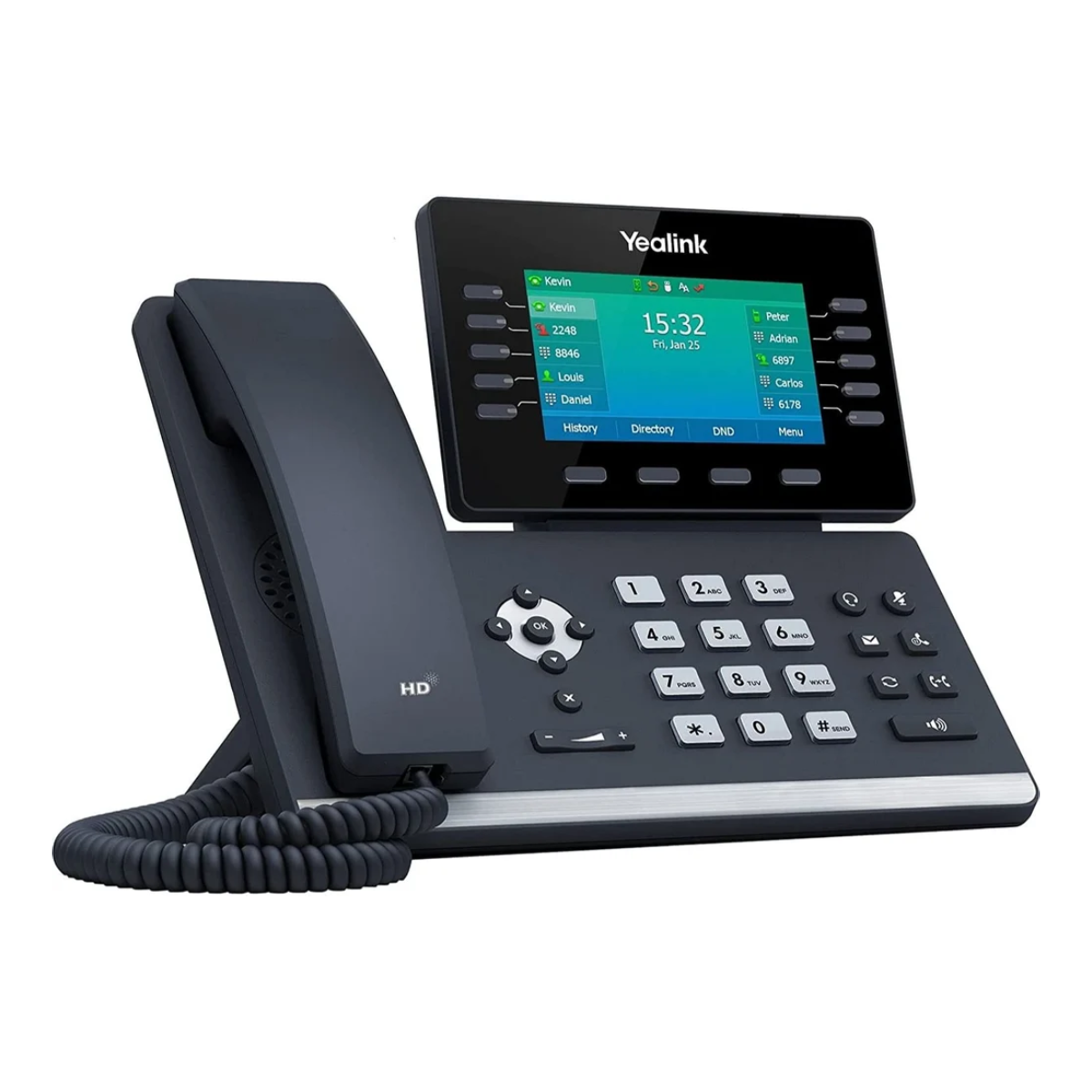 Un téléphone HD Yealink noir avec un grand écran affichant un calendrier et des informations de contact.