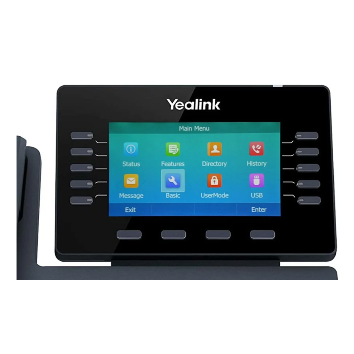 Gros plan de l'écran du téléphone Yealink affichant les icônes du menu principal.