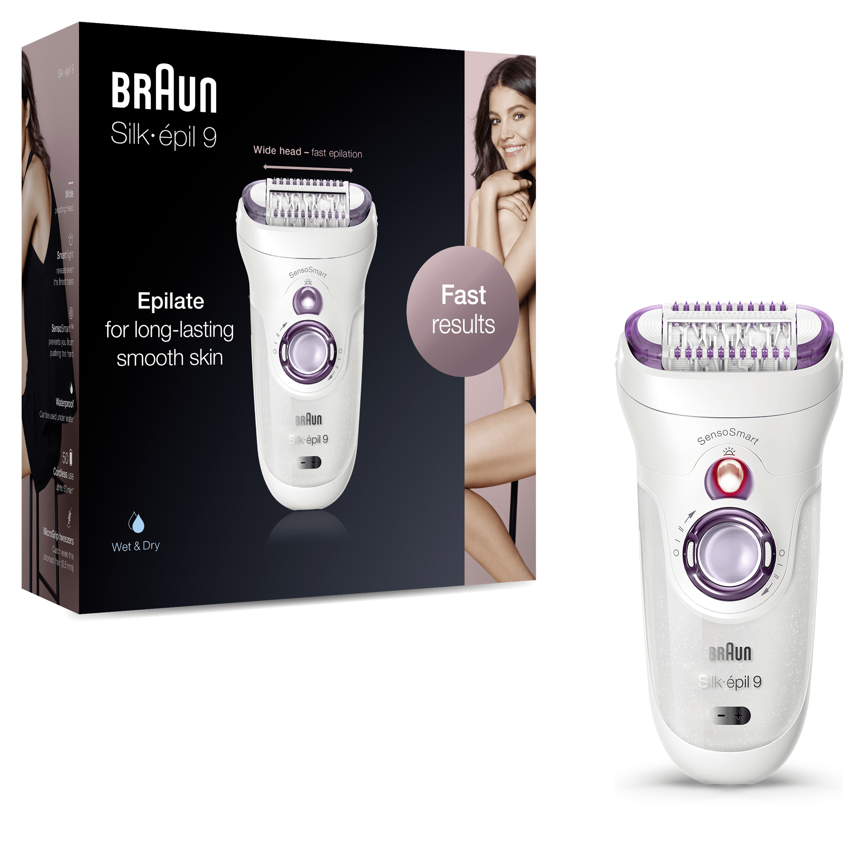 Epilatore Braun Silk-épil 9 e scatola con donna e testo.