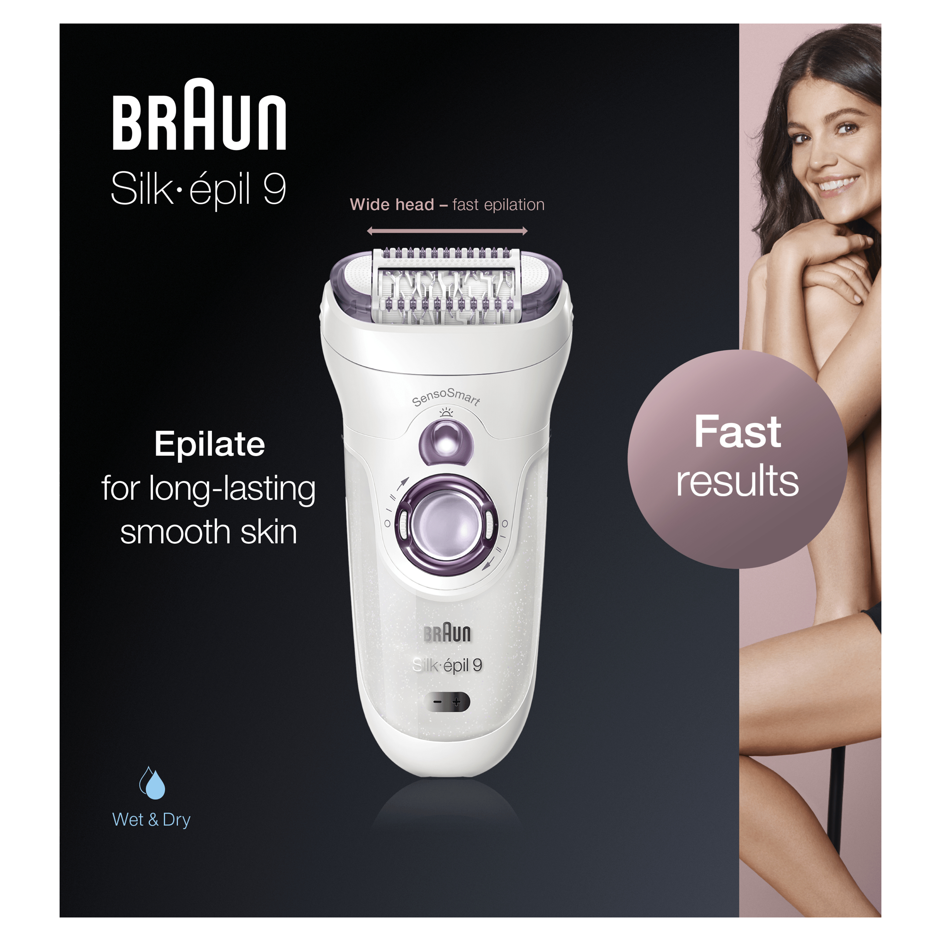 Epilatore Braun Silk-épil 9 con testo e donna. Sfondo scuro con info e modella.