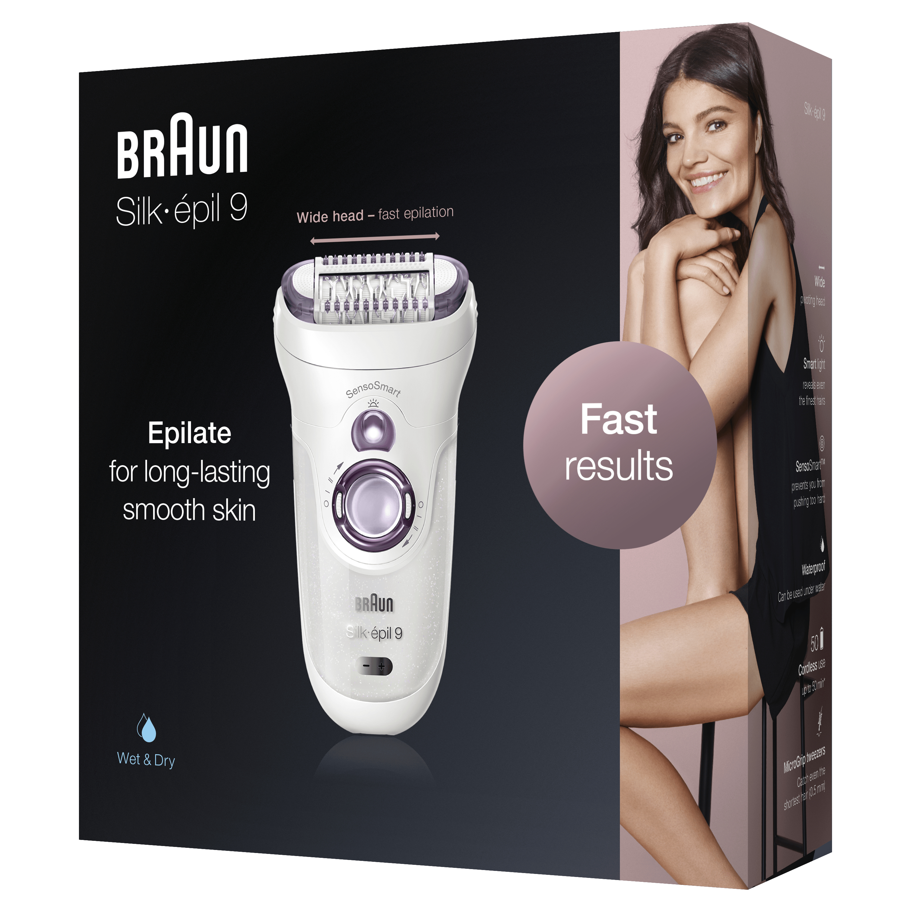Epilatore Braun Silk-épil 9 su scatola. Testo, modello, dettagli. Sfondo scuro.