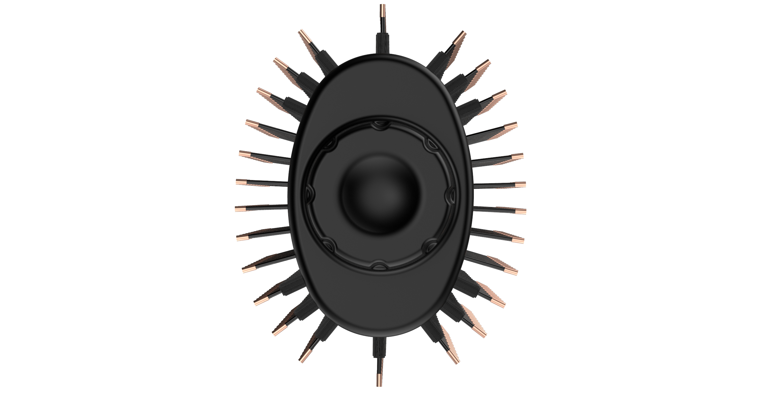 Widok z góry na czarną głowicę suszarki do włosów z miedzianymi elementami. Białe tło.