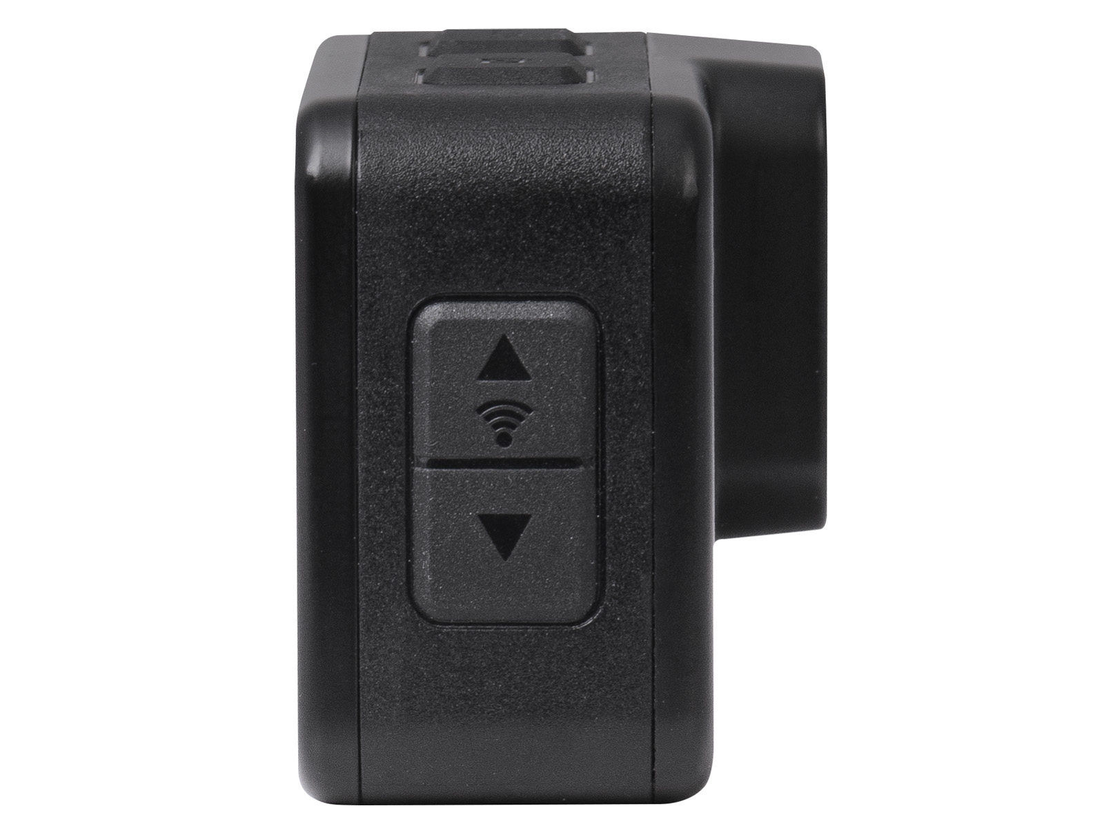 Widok z boku czarnej kamery sportowej z przyciskami. Kamera ma Wi-Fi i kontrolki strzałek.