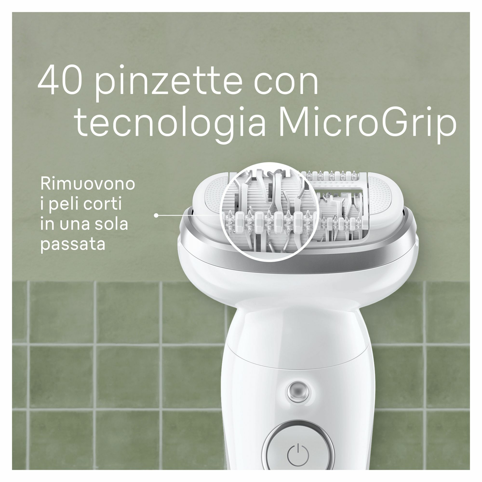 Zbliżenie na głowicę depilatora z włoskim tekstem: '40 pinzette con tecnologia MicroGrip'.