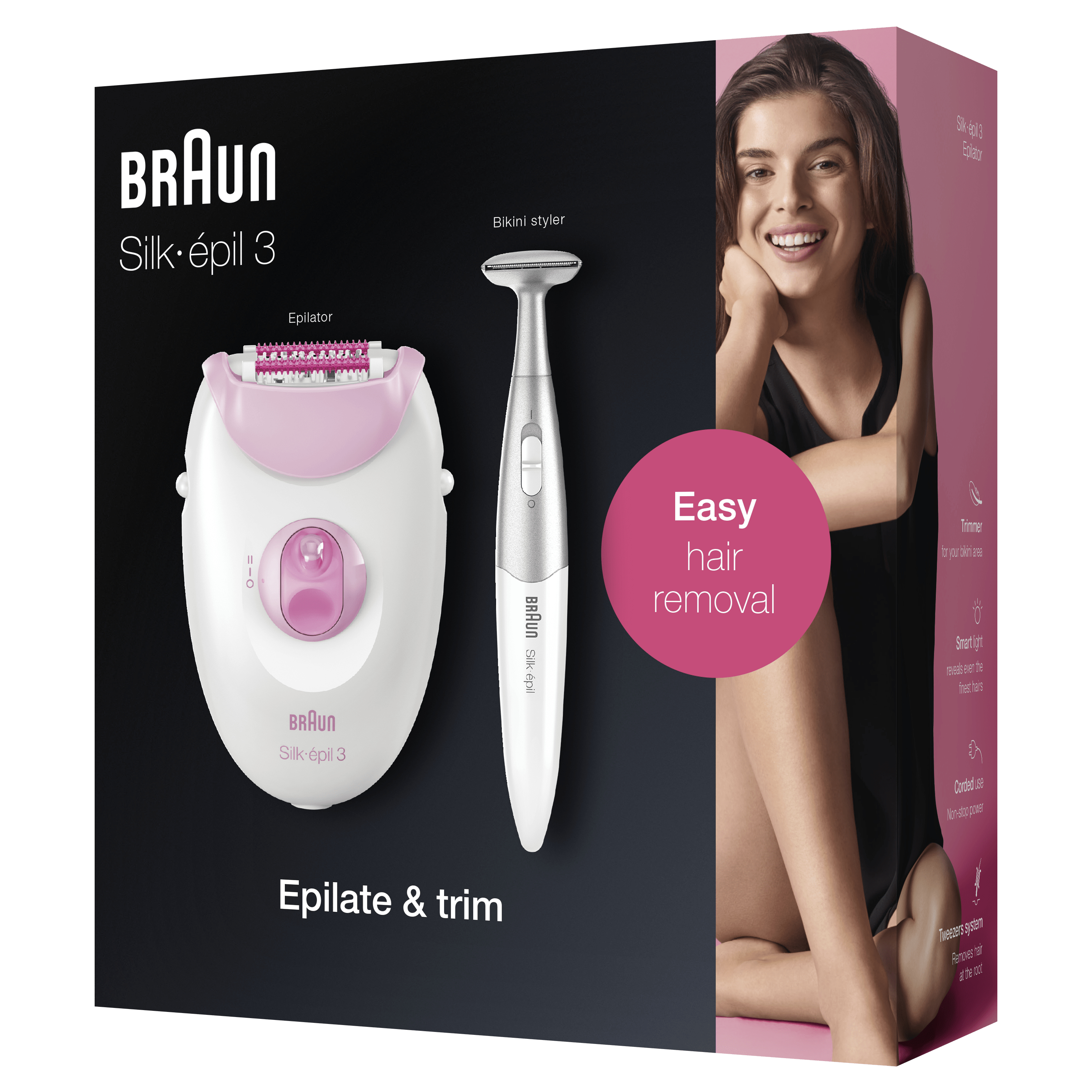 Set epilatore Braun con rifinitore bikini e donna. Testo confezione 'Facile rimozione peli'.