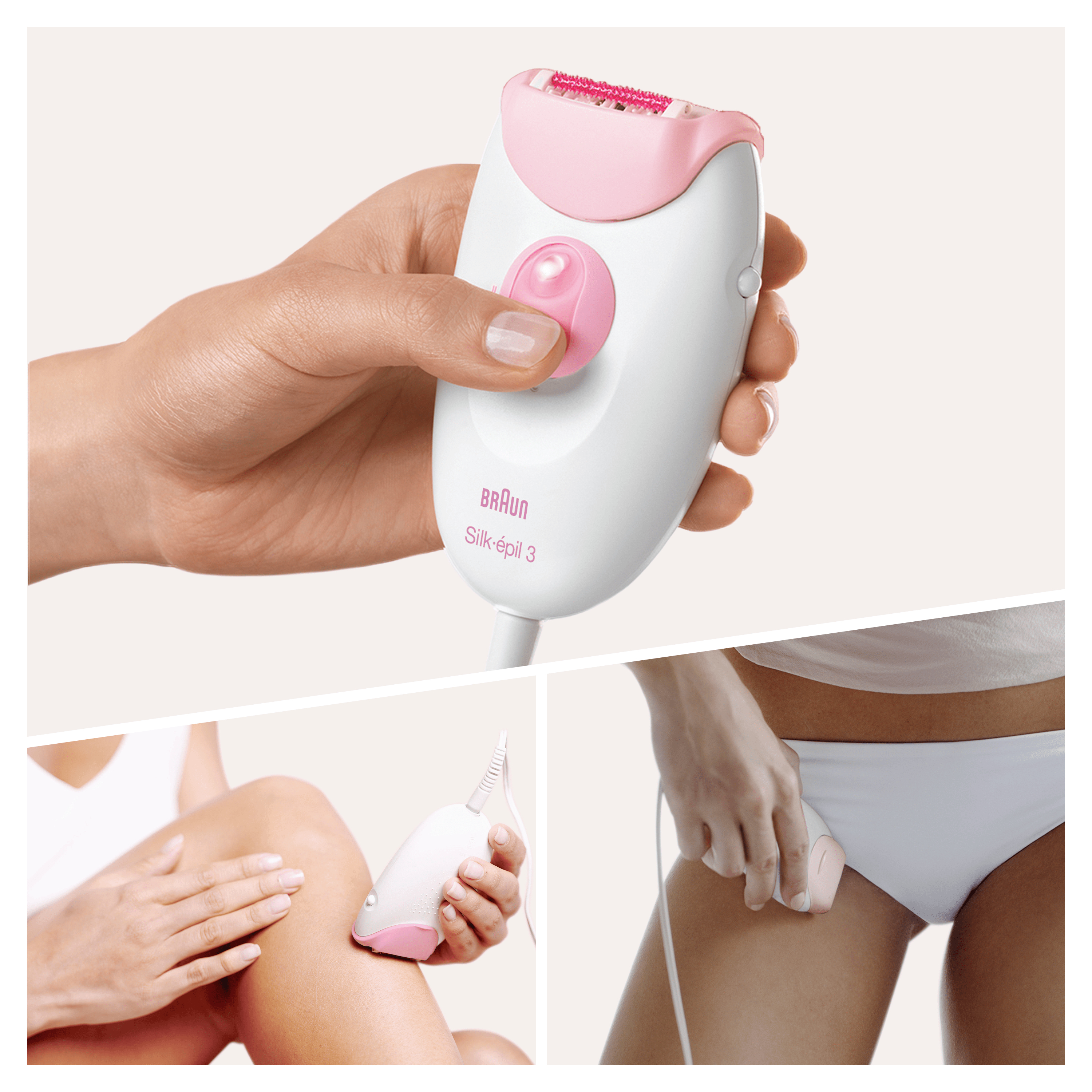 Una donna che tiene in mano un dispositivo Braun Silk-épil 3. Altre immagini mostrano l'uso. Sfondo bianco.