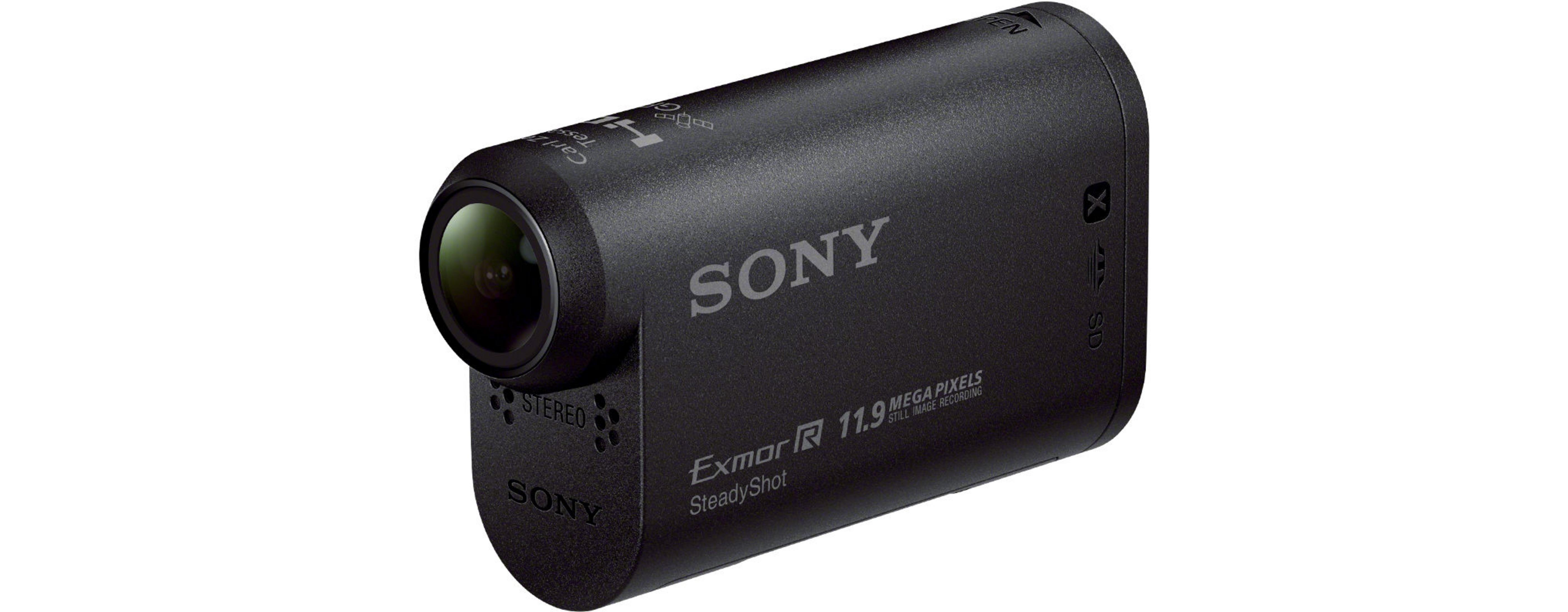 Schwarze Sony Action-Kamera, kompaktes Design mit auffälligem Objektiv.