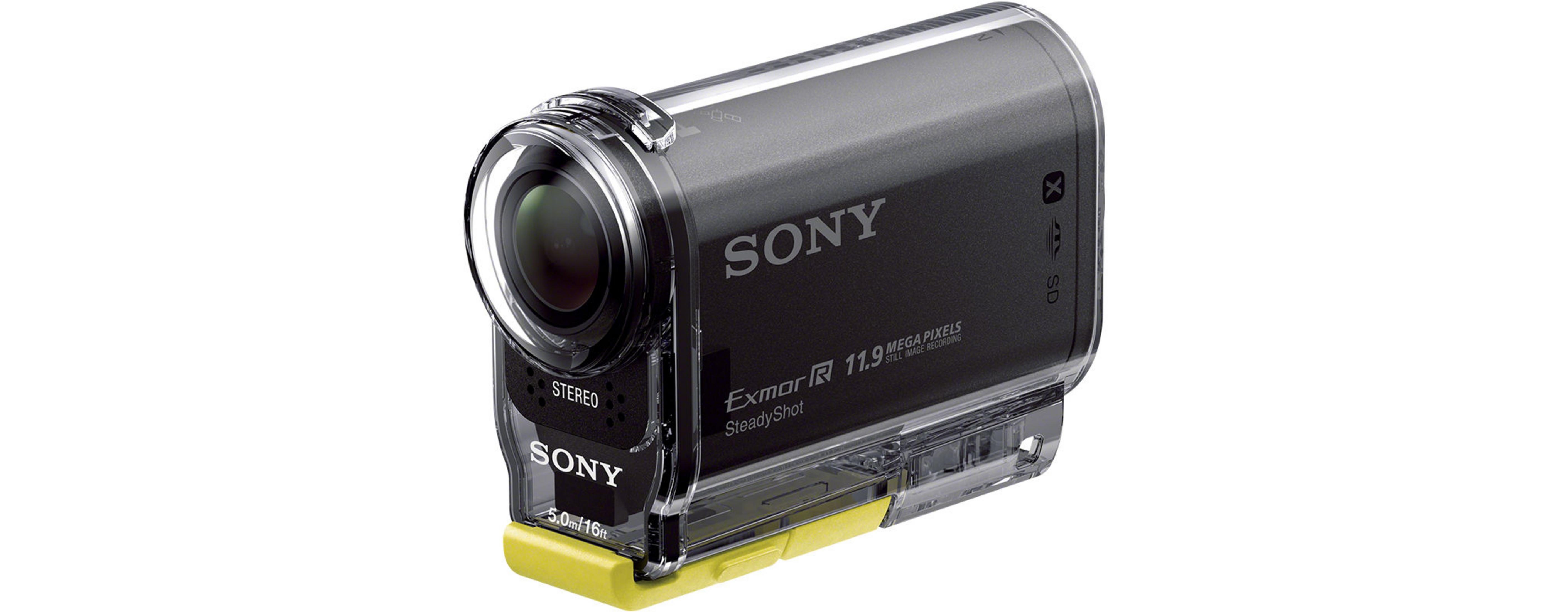 Schwarze Sony Kamera mit transparentem Kunststoffgehäuse, gelbes Ende. Exmor R 11,9 Megapixel.