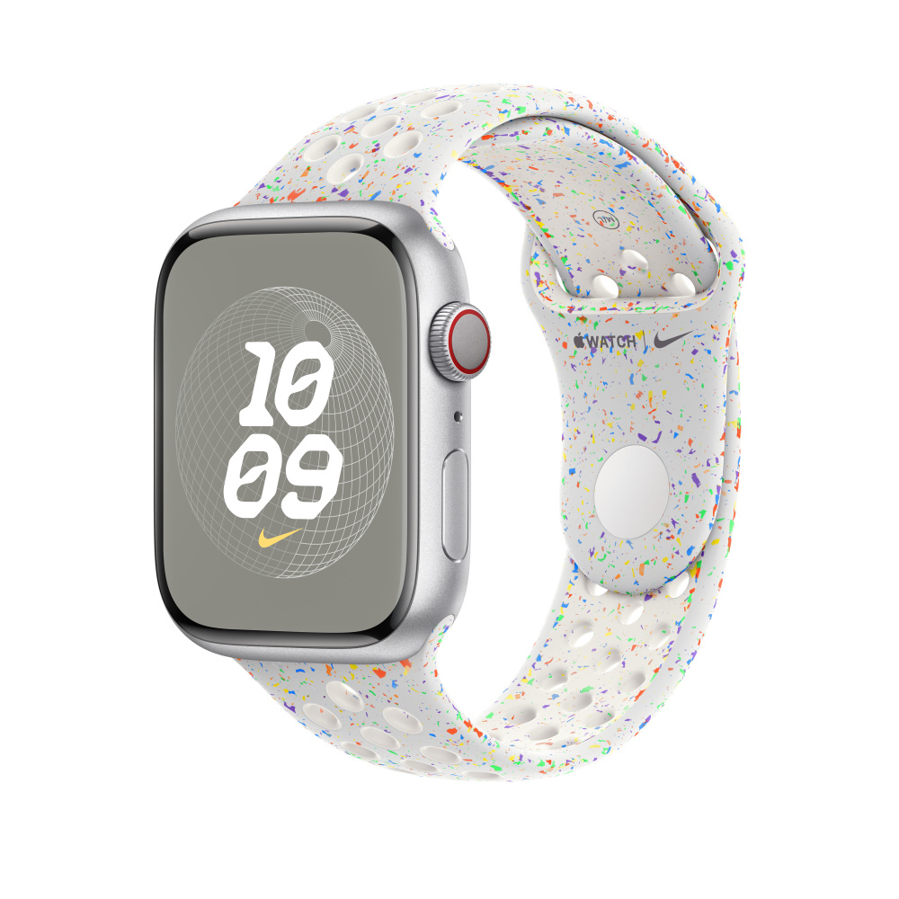 Apple Watch with a white band with colorful speckles and a gray watch face.