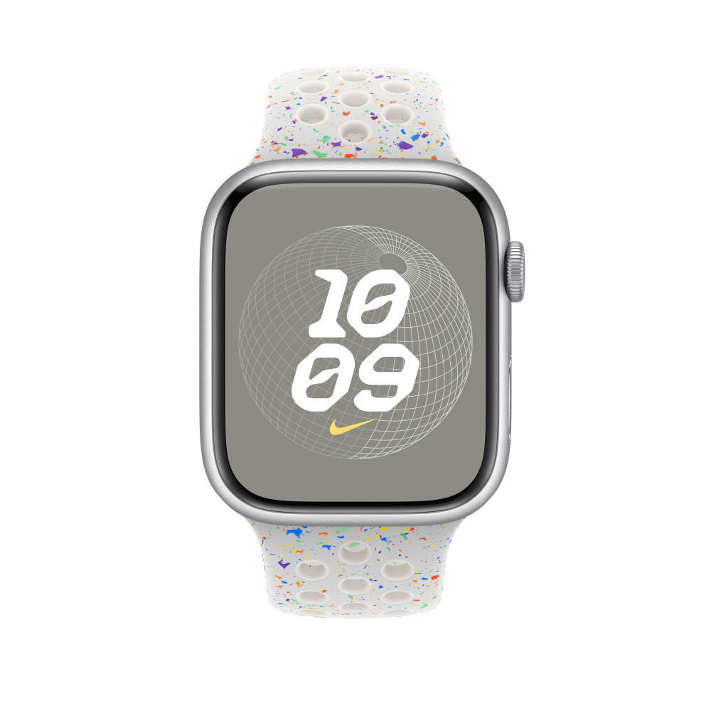 Apple Watch with a white band that has colorful speckles and a gray watch face.