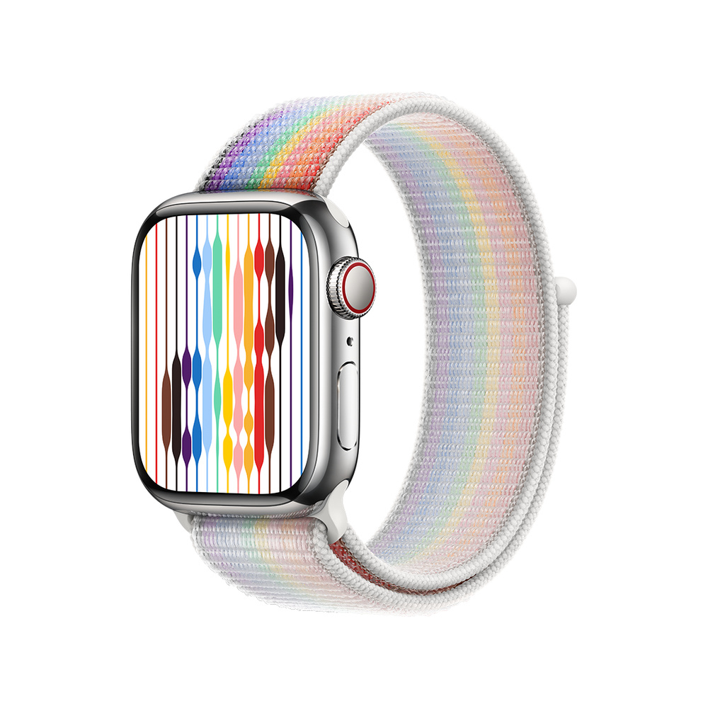Silver Apple Watch with a rainbow-colored band and a rainbow-colored watch face.