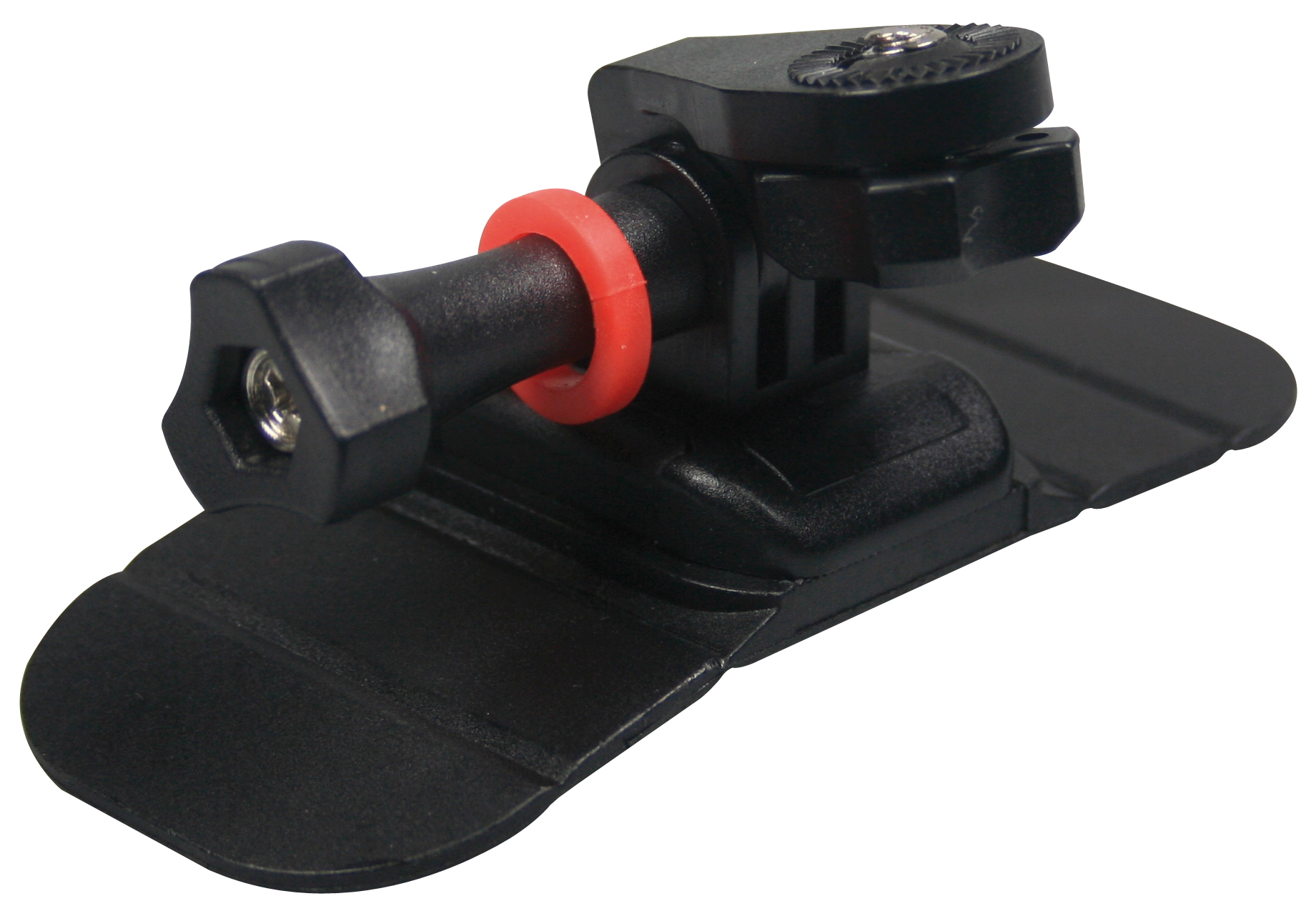 Schwarze Action-Kamera-Halterung mit rotem Ring und Schraube.