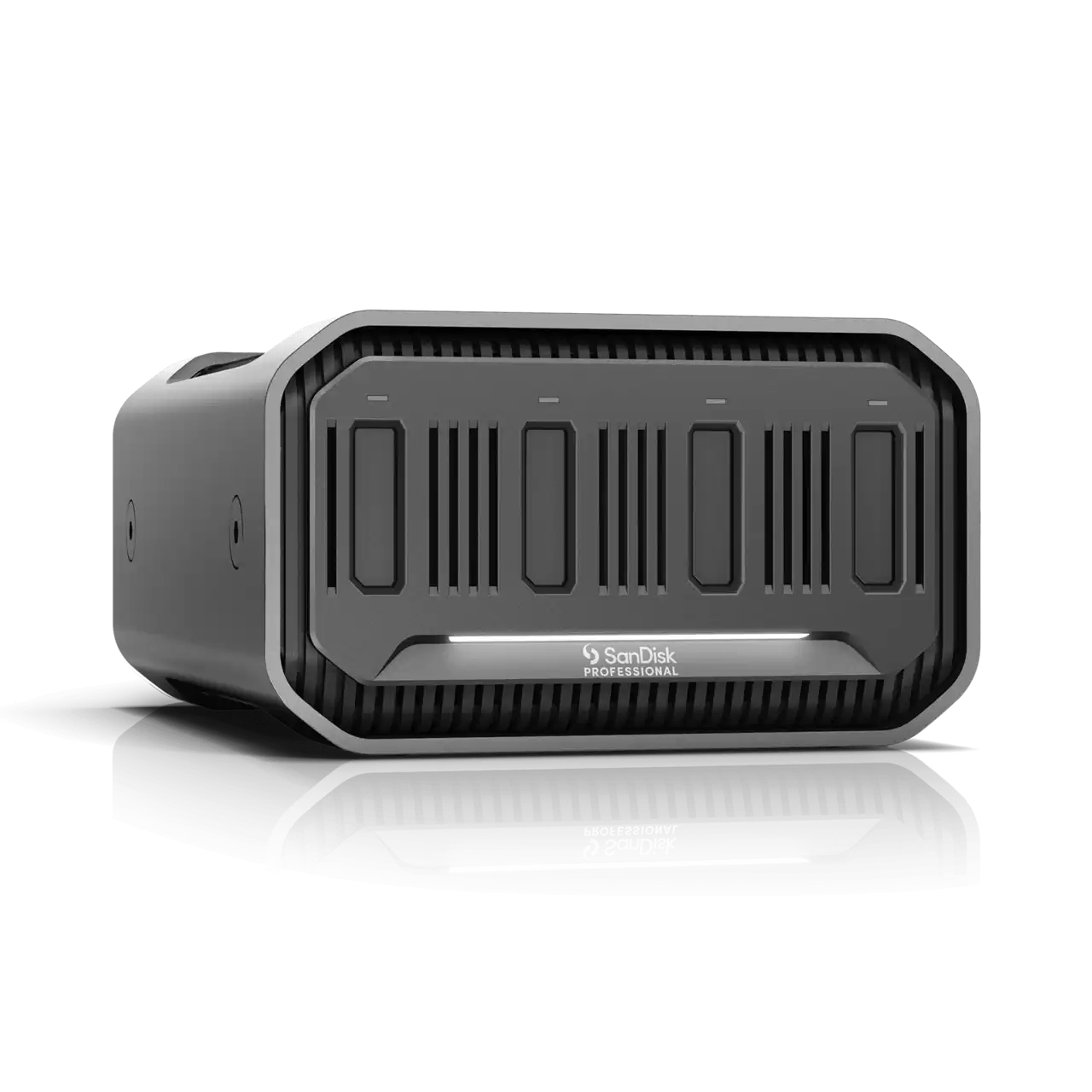 Ciemnoszary zewnętrzny dysk twardy z etykietą SanDisk Professional i białym światłem.