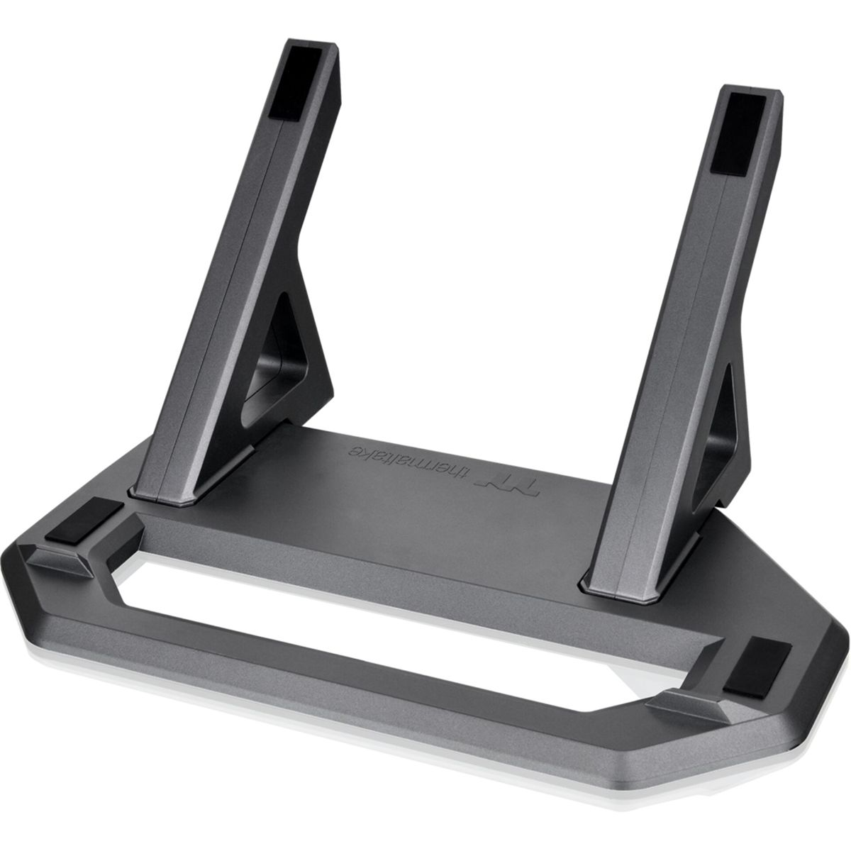 Supporto per laptop grigio. Due supporti angolati e una base piatta con il marchio Thermaltake.