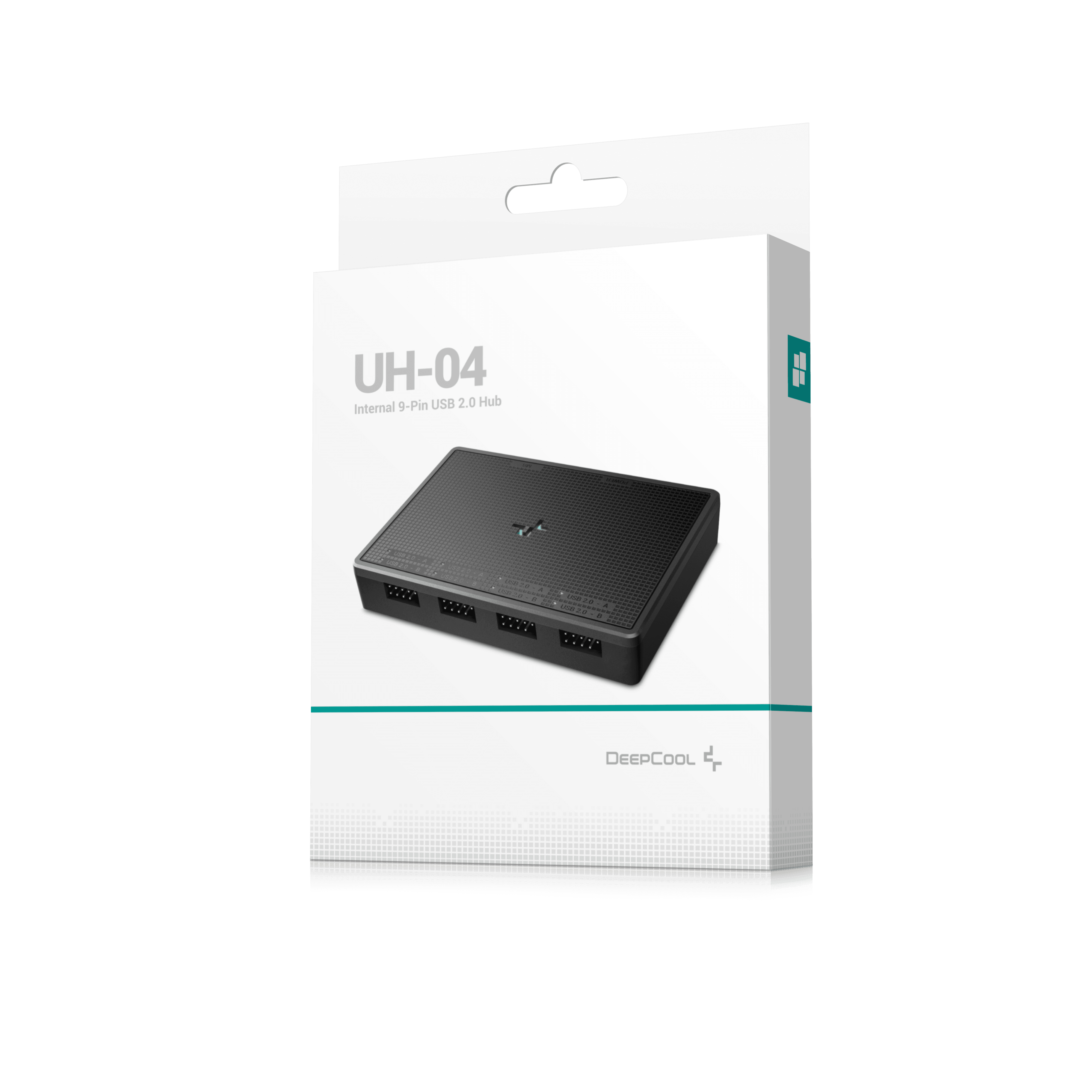 Scatola con hub USB all'interno. Sfondo bianco con logo e testo DeepCool.