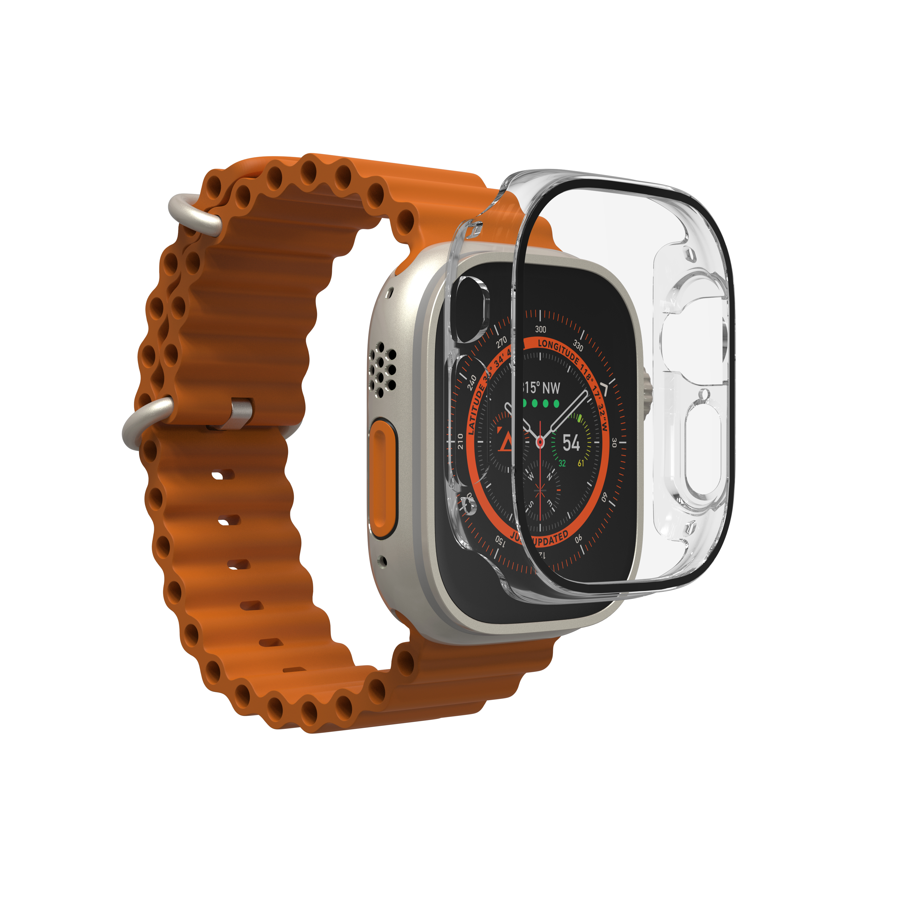 Apple Watch con cinturino arancione e custodia trasparente. Sfondo bianco.