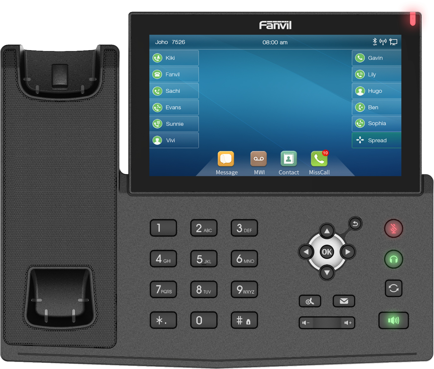 Czarny telefon IP z ekranem i przyciskami. Białe tło.