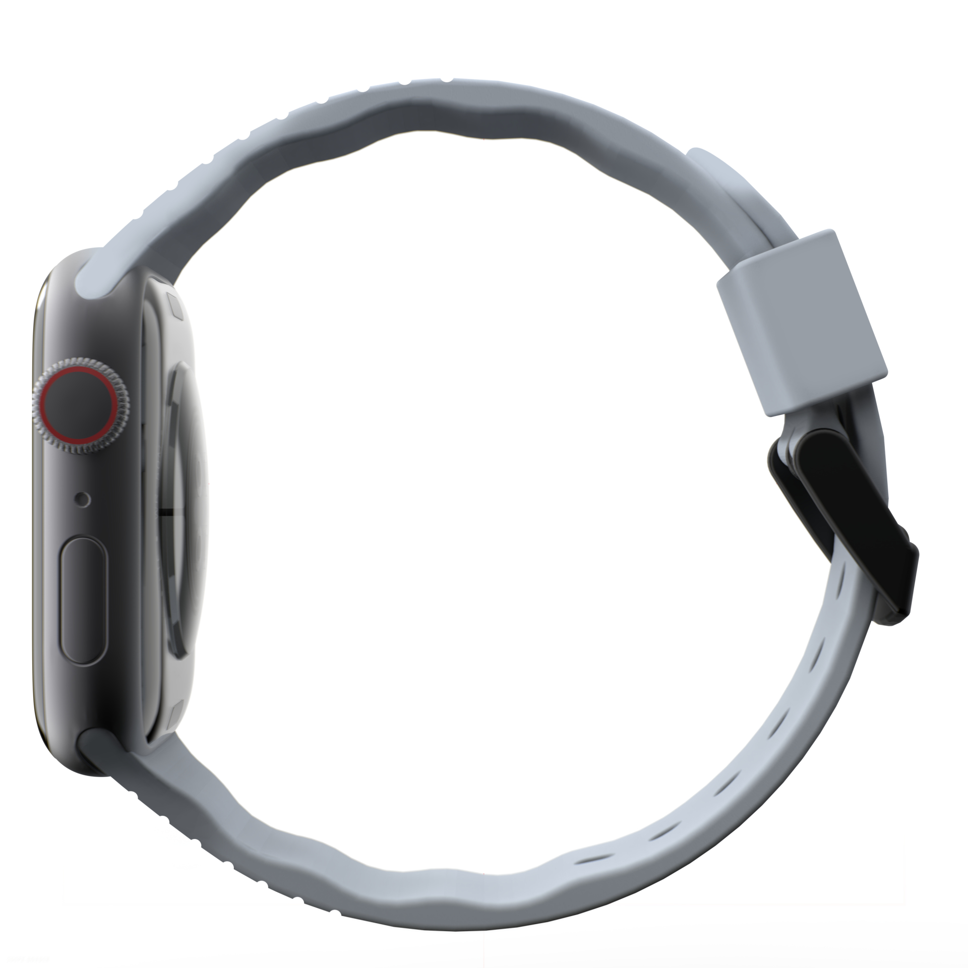 Apple Watch con cinturino grigio. Il quadrante è nero, la cassa argentata. Il cinturino è avvolto.
