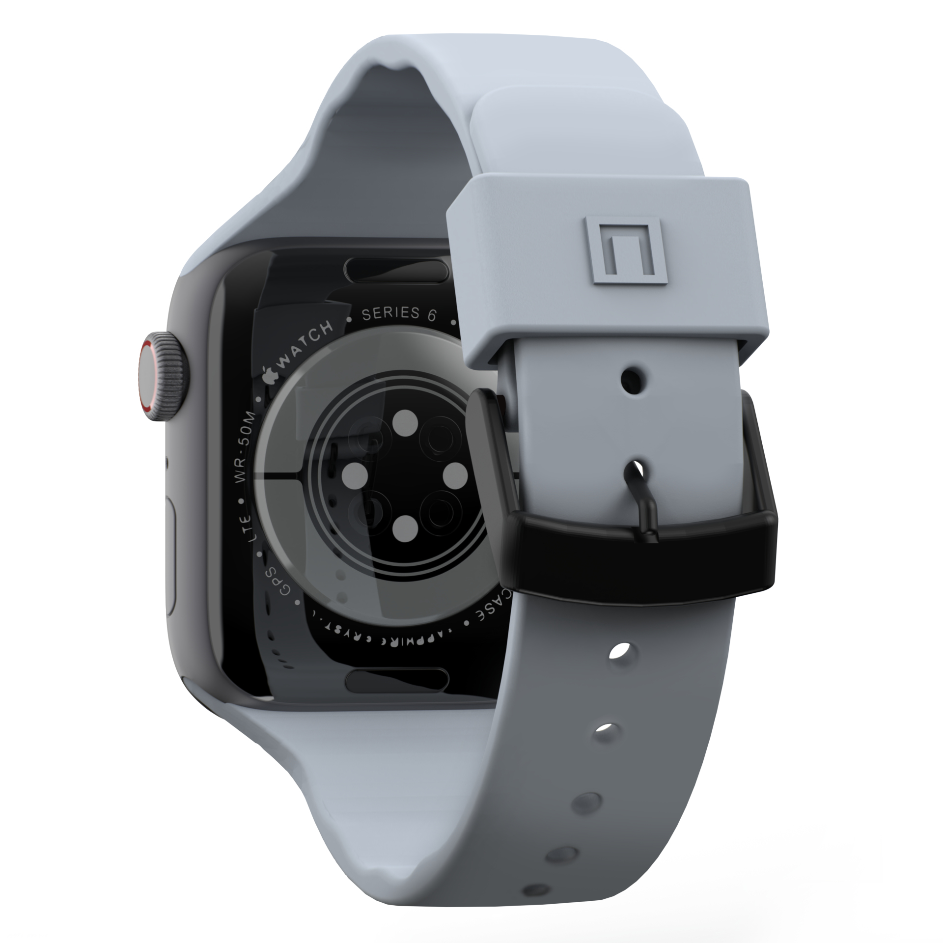 Apple Watch con cinturino grigio e fibbia nera, retro visibile.