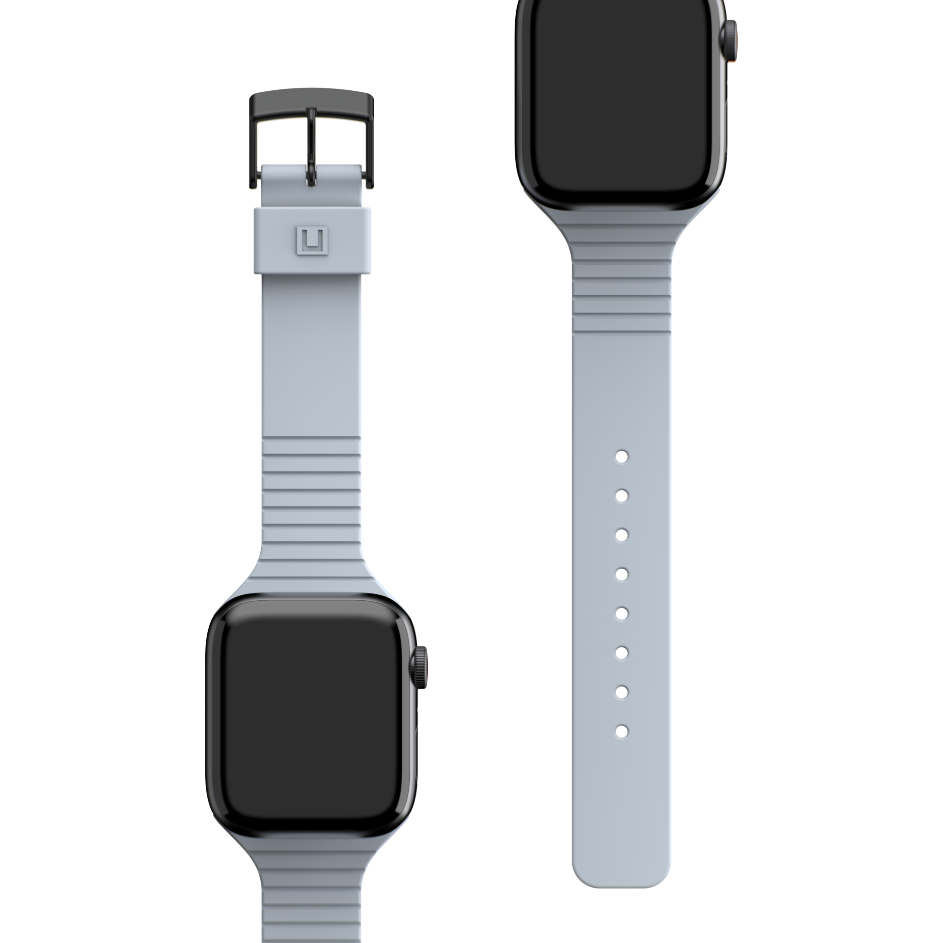 Due smartwatch con cinturini azzurri e schermi neri, uno con cinturino staccato.