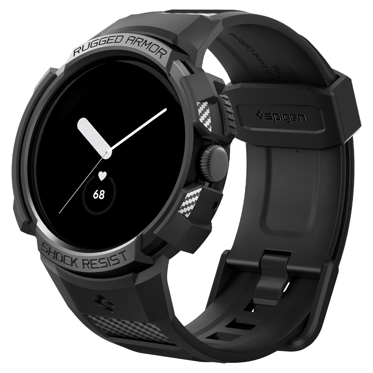 Smartwatch nero con cinturino nero, frequenza cardiaca visibile. Il marchio è Spigen.