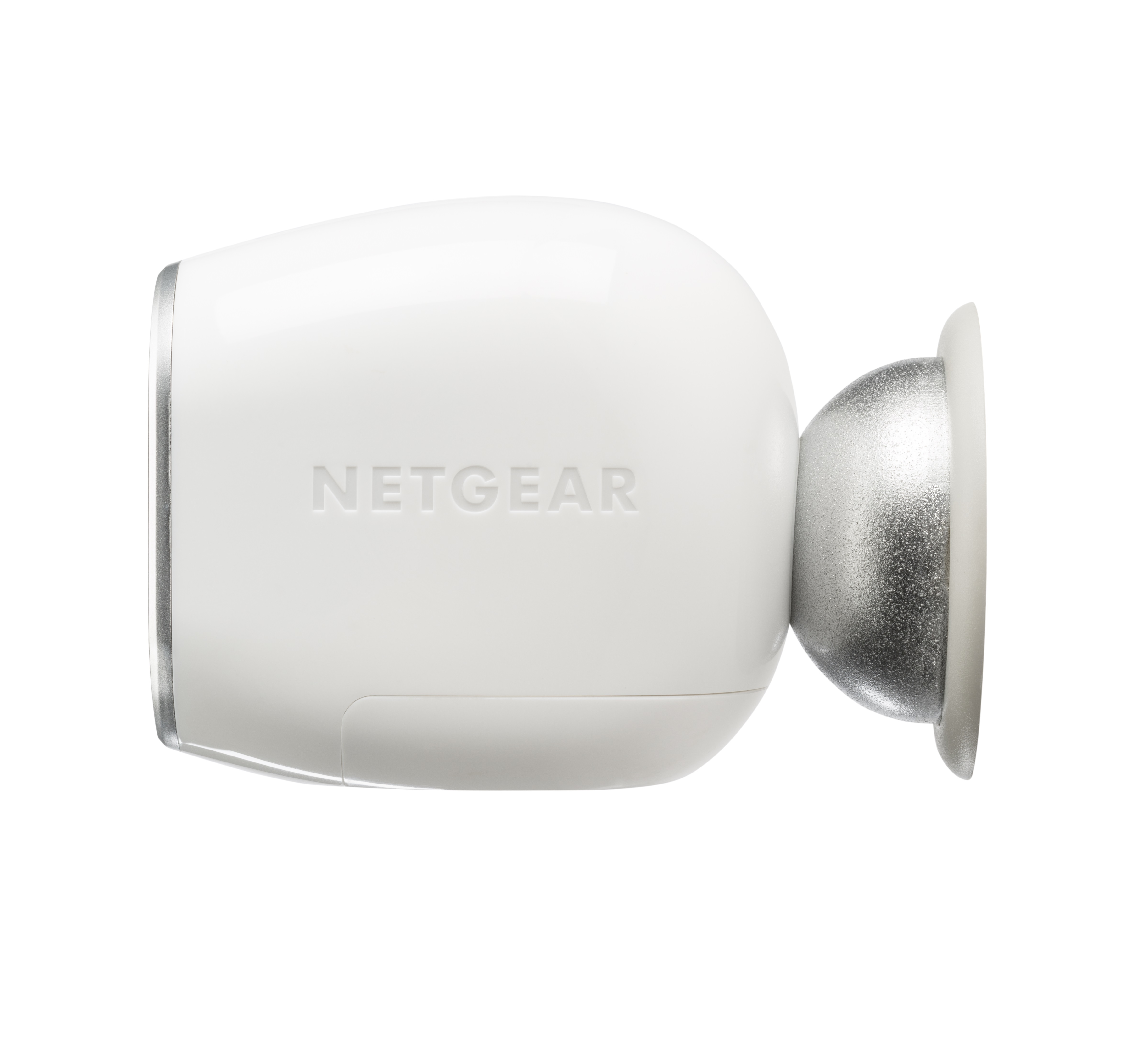Telecamera di sicurezza Netgear bianca e argento, vista laterale, design arrotondato.