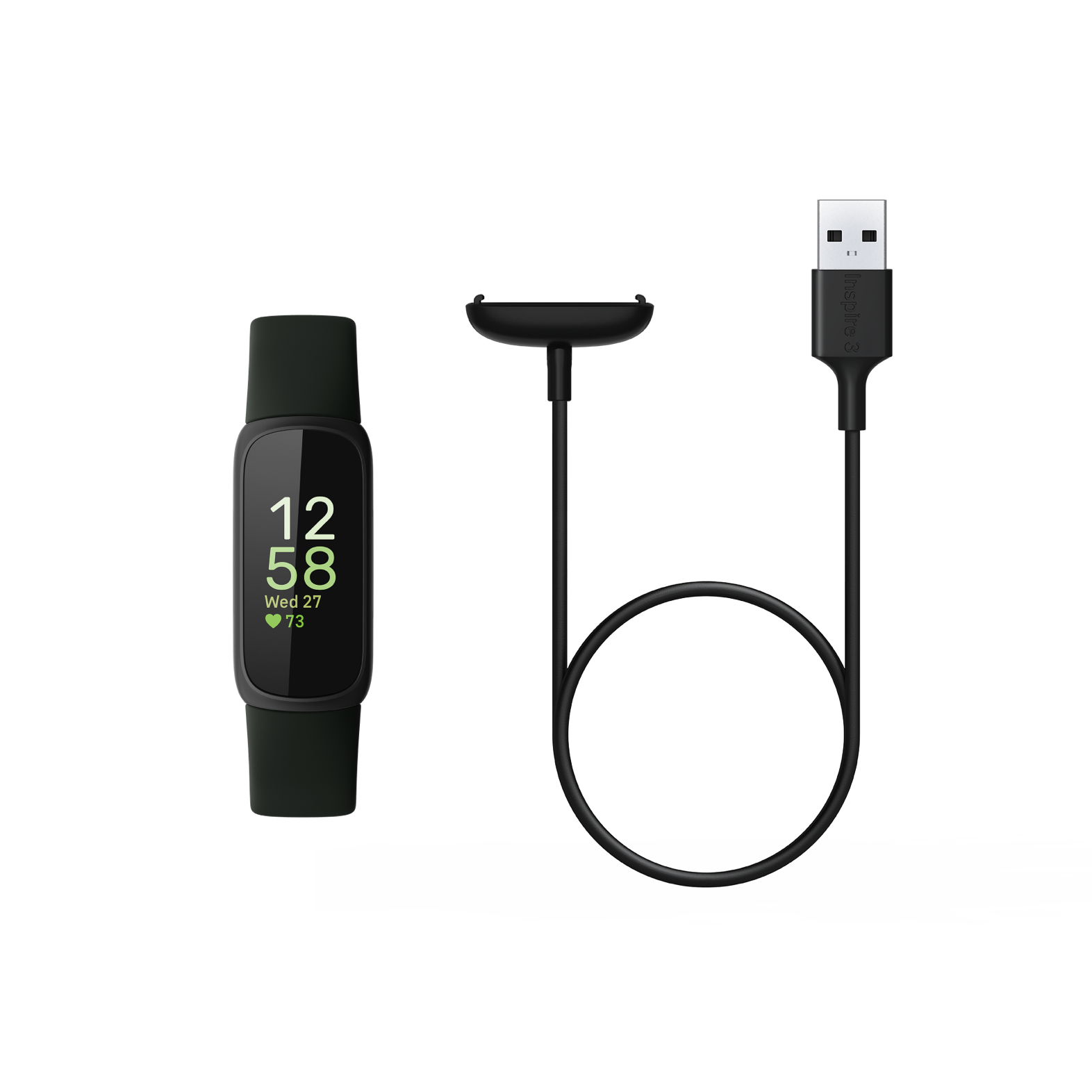 Fitbit Inspire 3, cable de carga y base de carga, todo sobre fondo blanco.