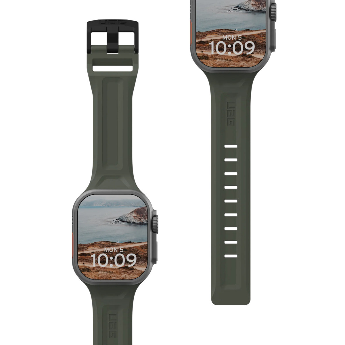 Zielony smartwatch z wyświetlaczem krajobrazu i paskiem. Czarna klamra. Białe tło.