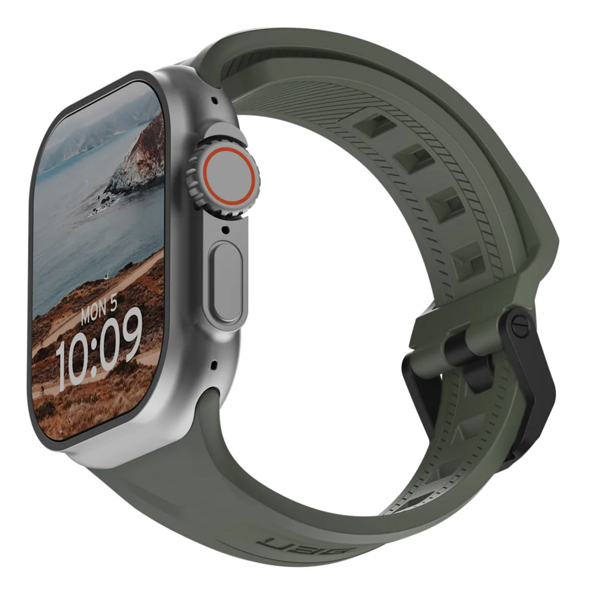 Zielony smartwatch z wyświetlaczem krajobrazu i paskiem. Czarna klamra. Białe tło.