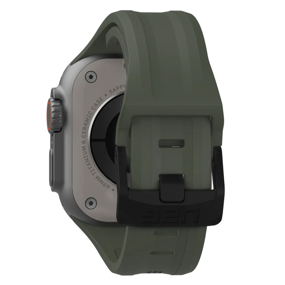 Widok z tyłu Apple Watch Ultra z zielonym paskiem i czarną klamrą.