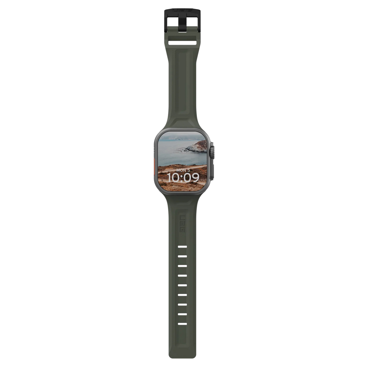 Zielony smartwatch z ekranem pokazującym krajobraz i godzinę. Zegarek ma zielony pasek.