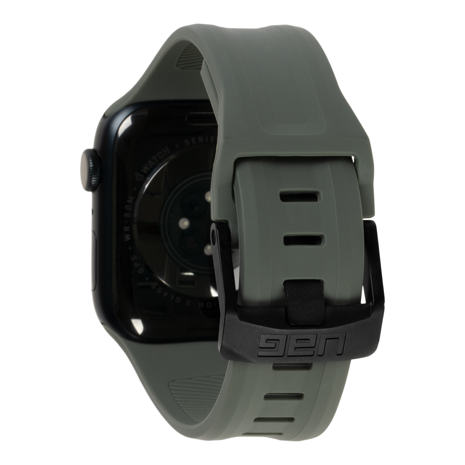 Zielony smartwatch z dołączonym paskiem UAG. Zegarek jest na białym tle. Widoczne jest logo UAG.