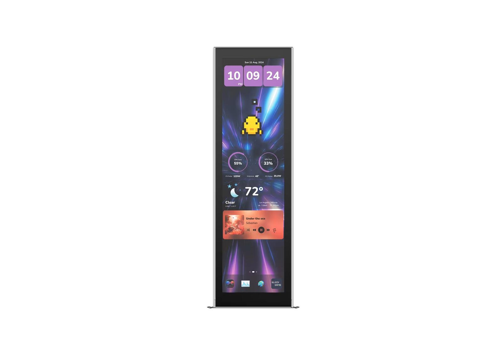 Display digitale con ora, meteo e icone delle app.