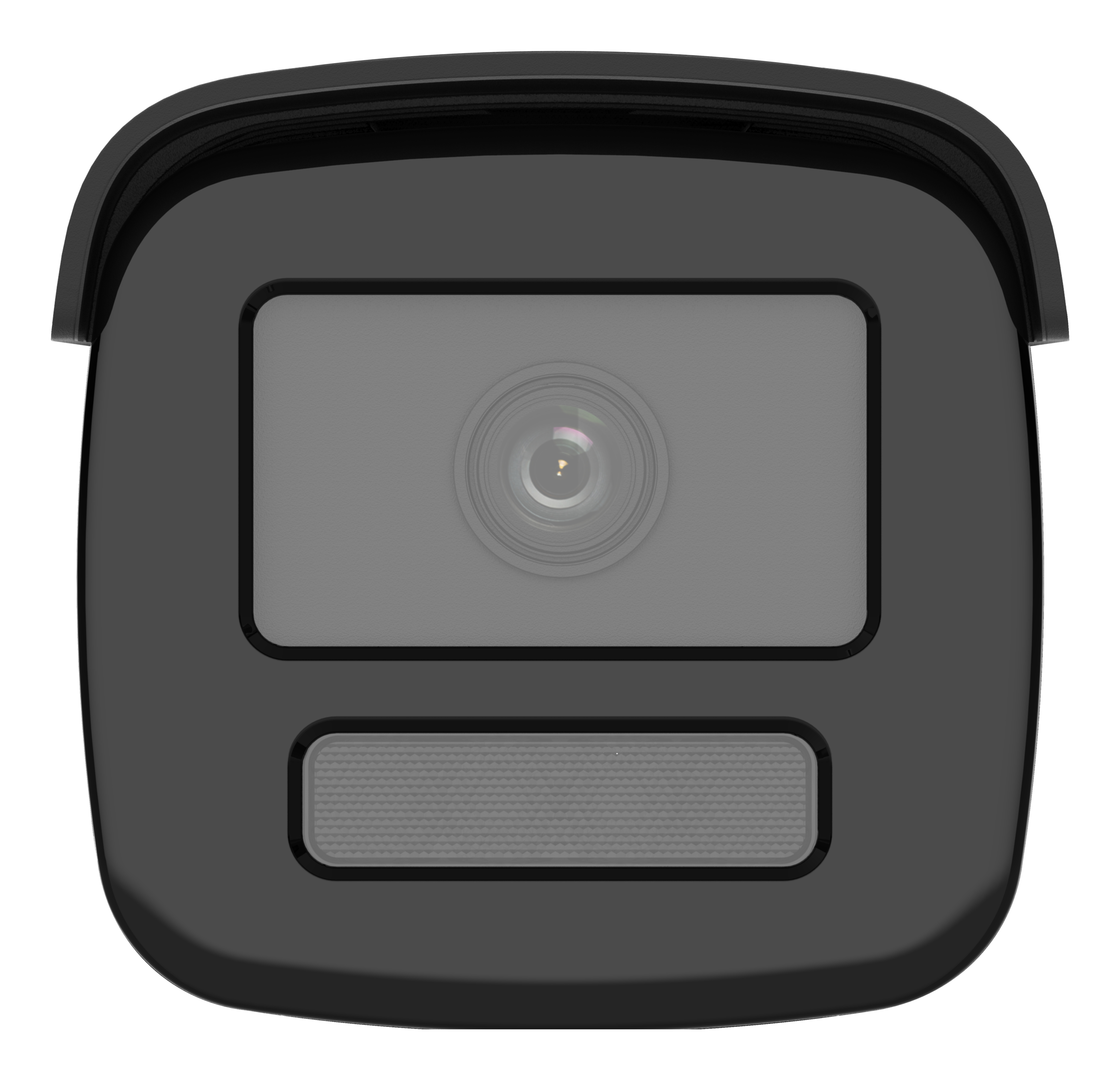 Nahaufnahme einer schwarzen Überwachungskamera. Sie hat ein Objektiv und ein rechteckiges Design.
