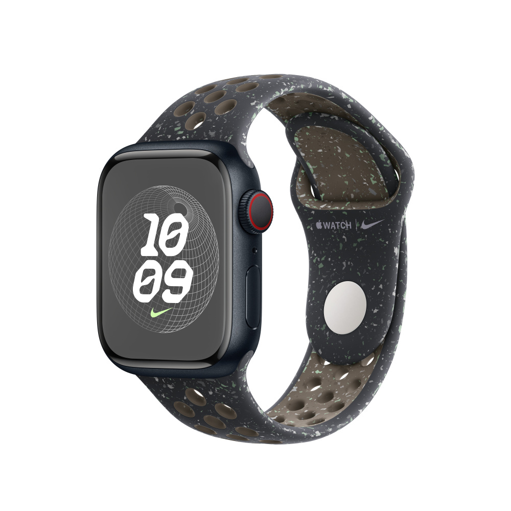 Black Apple Watch with patterned band. Nike logo on strap.
