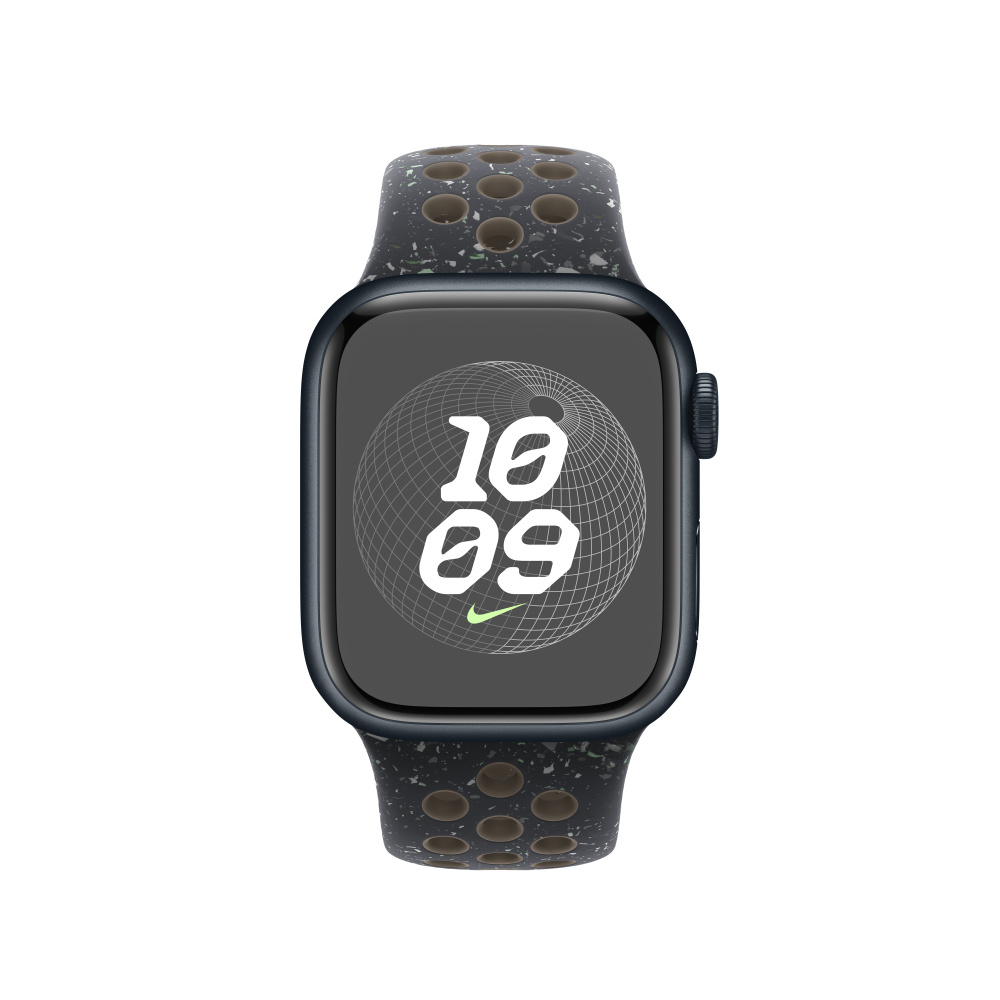 Black Apple Watch with patterned band. Display shows time and Nike logo.