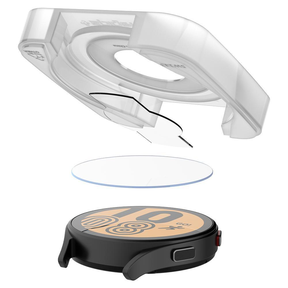 Uno smartwatch con cassa nera e display arancione viene mostrato con protezione schermo e cornice.