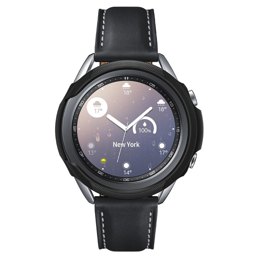 Uno smartwatch nero e argento con cinturino nero. Lo schermo mostra le informazioni meteo per New York.