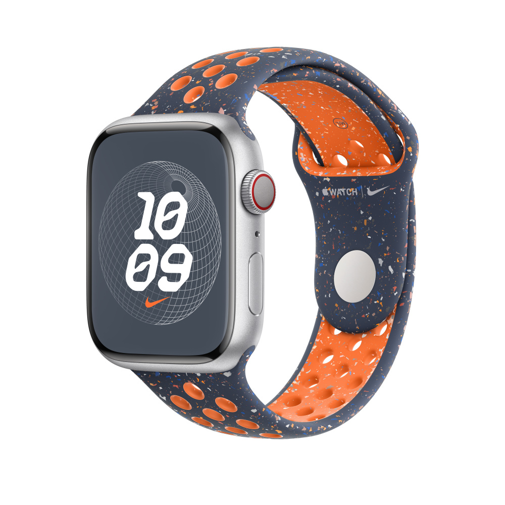 Silver Apple Watch with blue-orange band. Watch displays time and Nike logo.