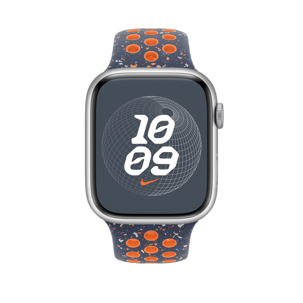 Apple Watch with a blue and orange speckled band. The watch face shows '10 09'.
