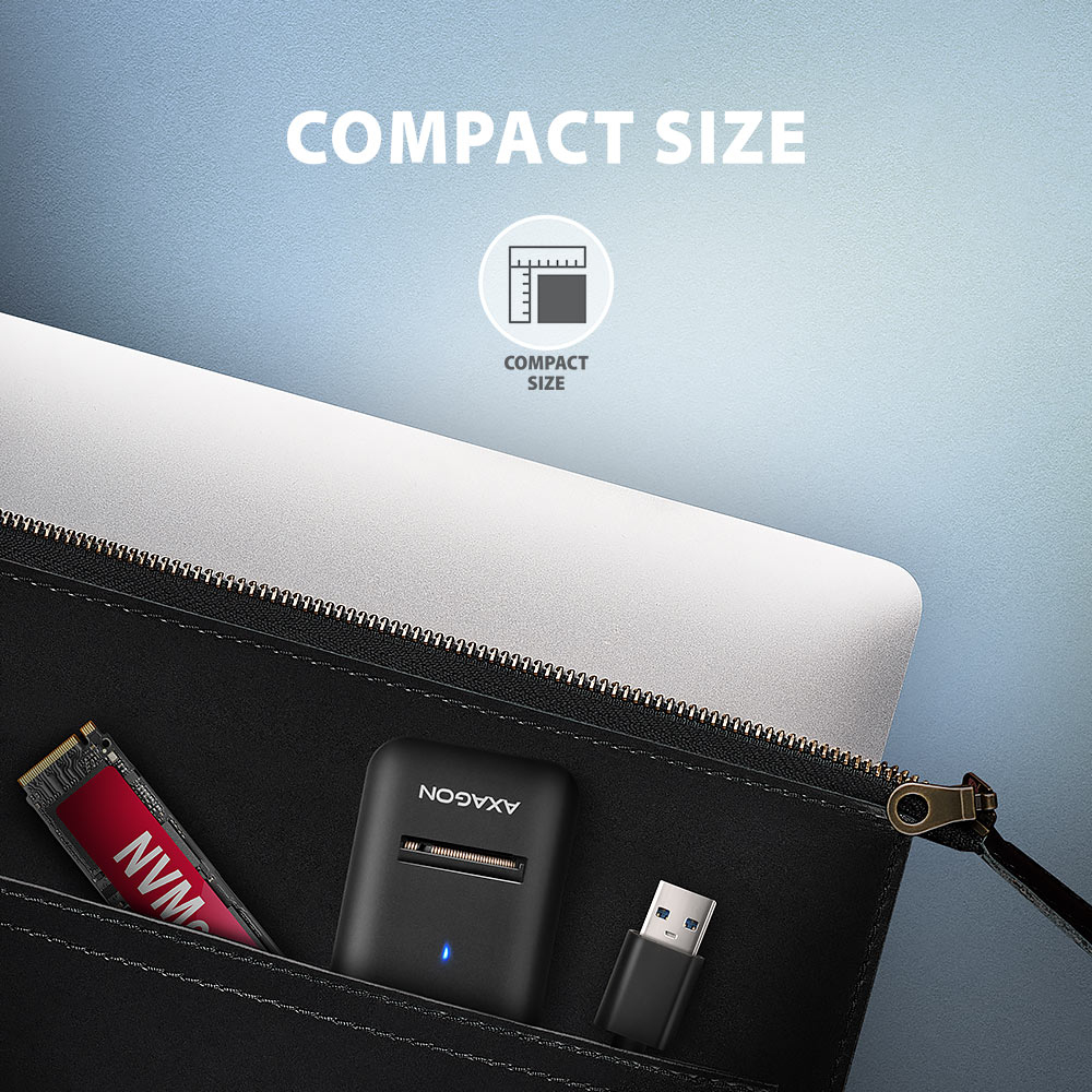 Adapter Axagon i dysk SSD Nvme w czarnej skórzanej torbie.